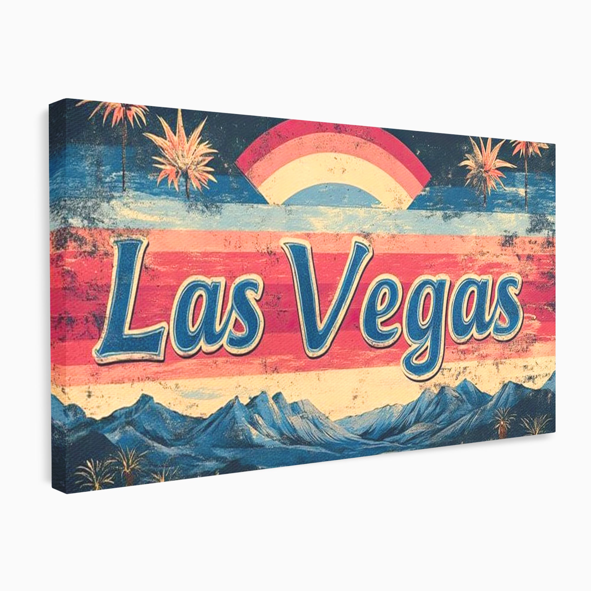 Tablou canvas cu ilustratie retro las vegas cu curcubeu si munti, fara rama, pe sasiu de lemn