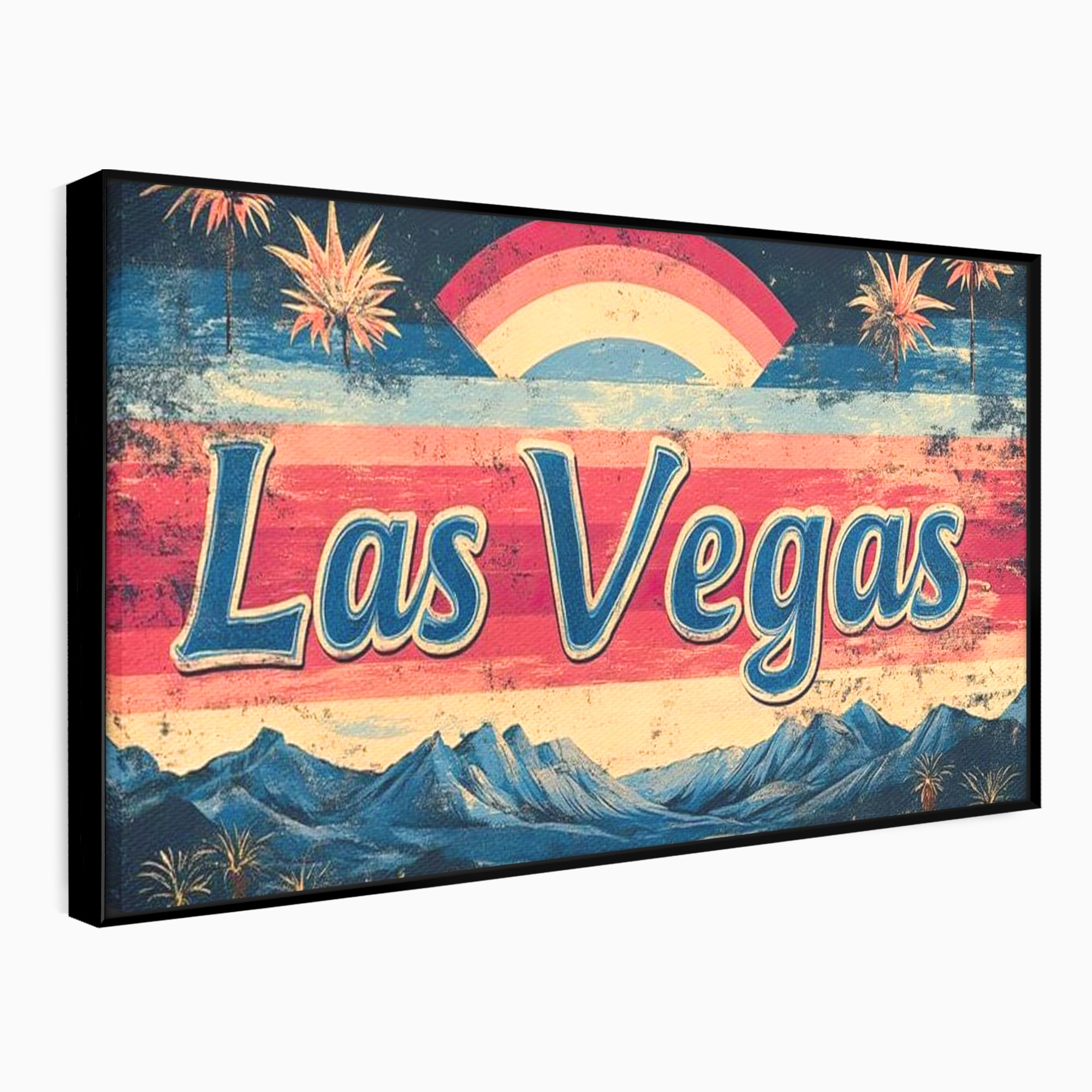 Tablou canvas cu ilustratie retro las vegas cu curcubeu si munti, in rama de aluminiu negru