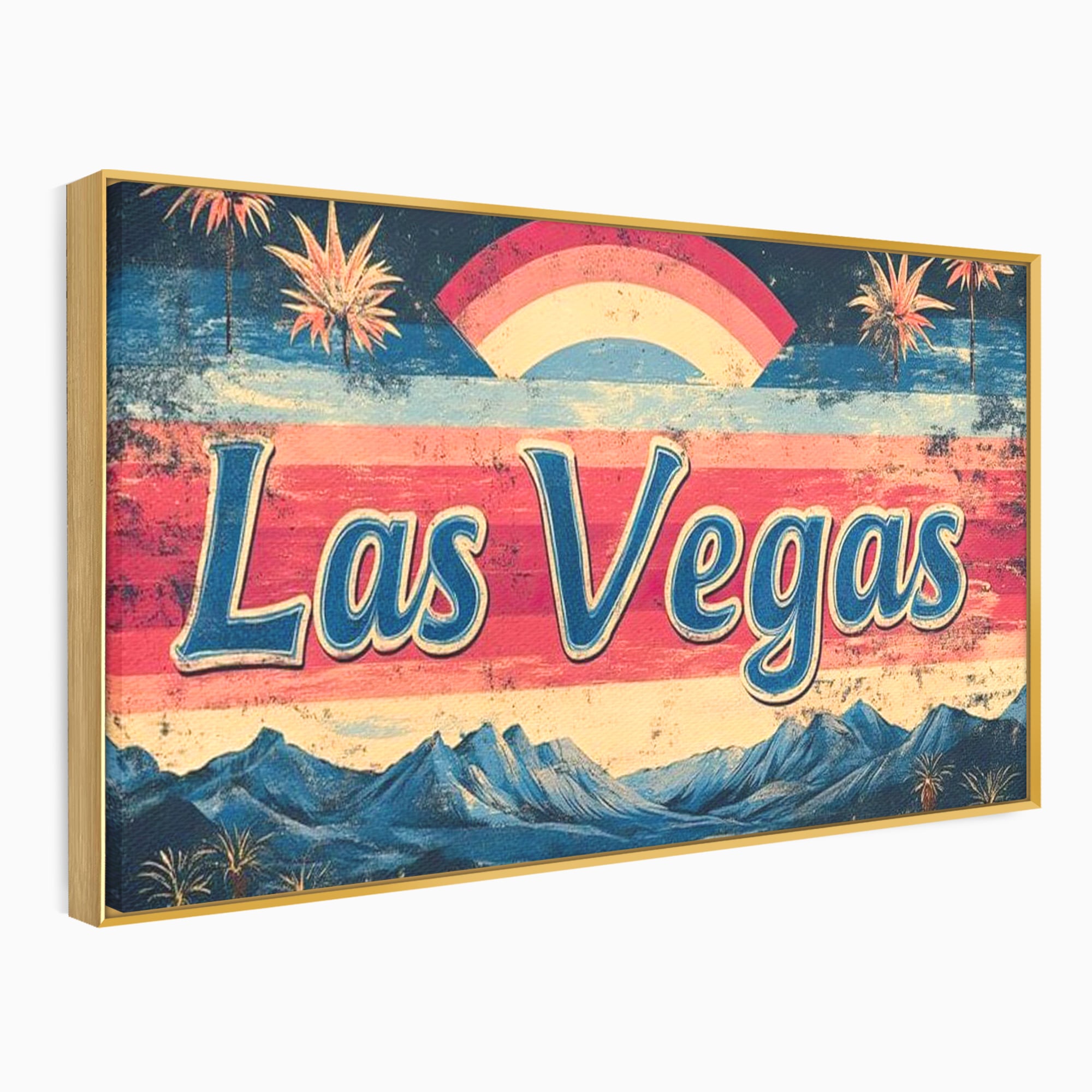 Tablou canvas cu ilustratie retro las vegas cu curcubeu si munti, in rama de aluminiu auriu