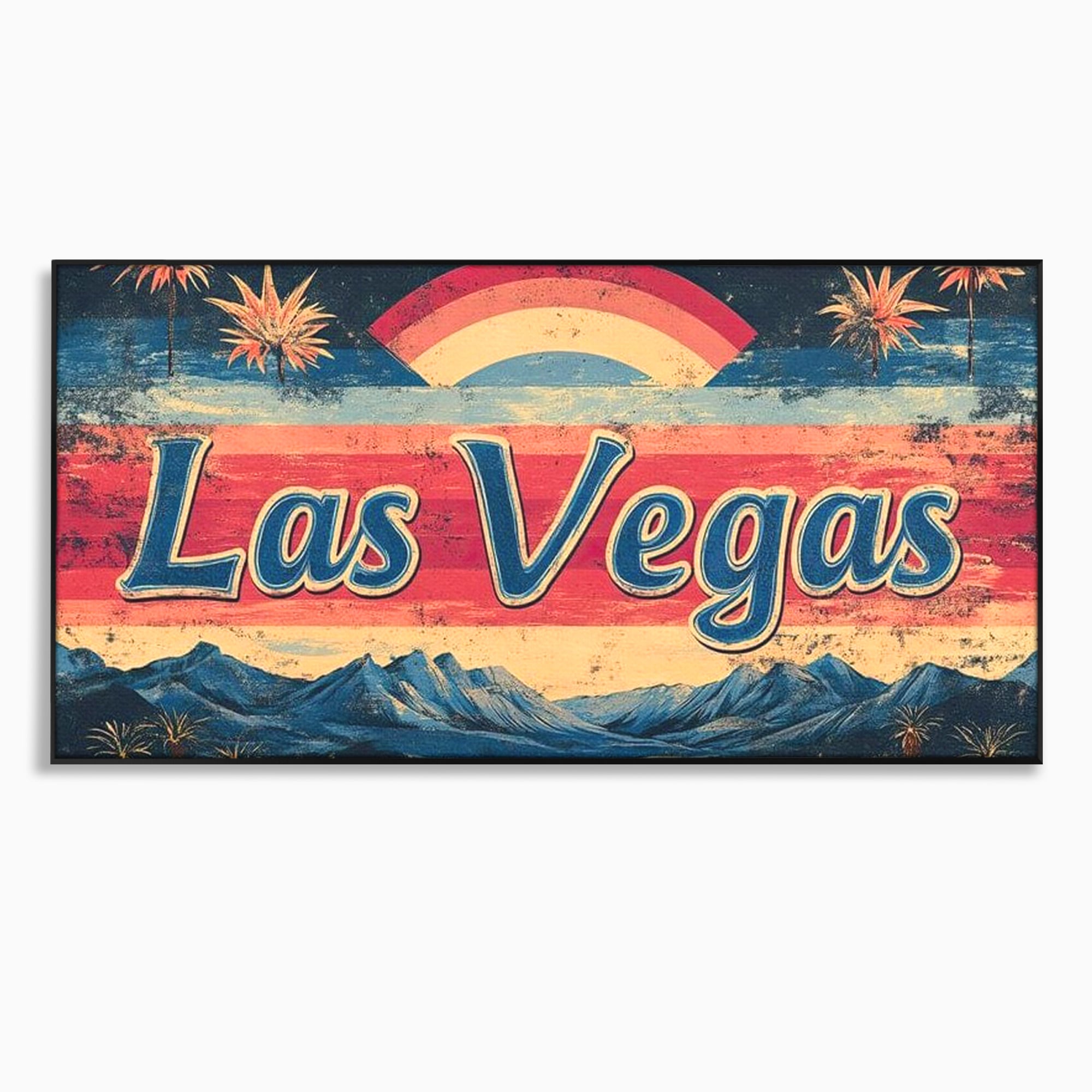 Tablou canvas cu ilustratie retro las vegas cu curcubeu si munti, in rama de aluminiu negru