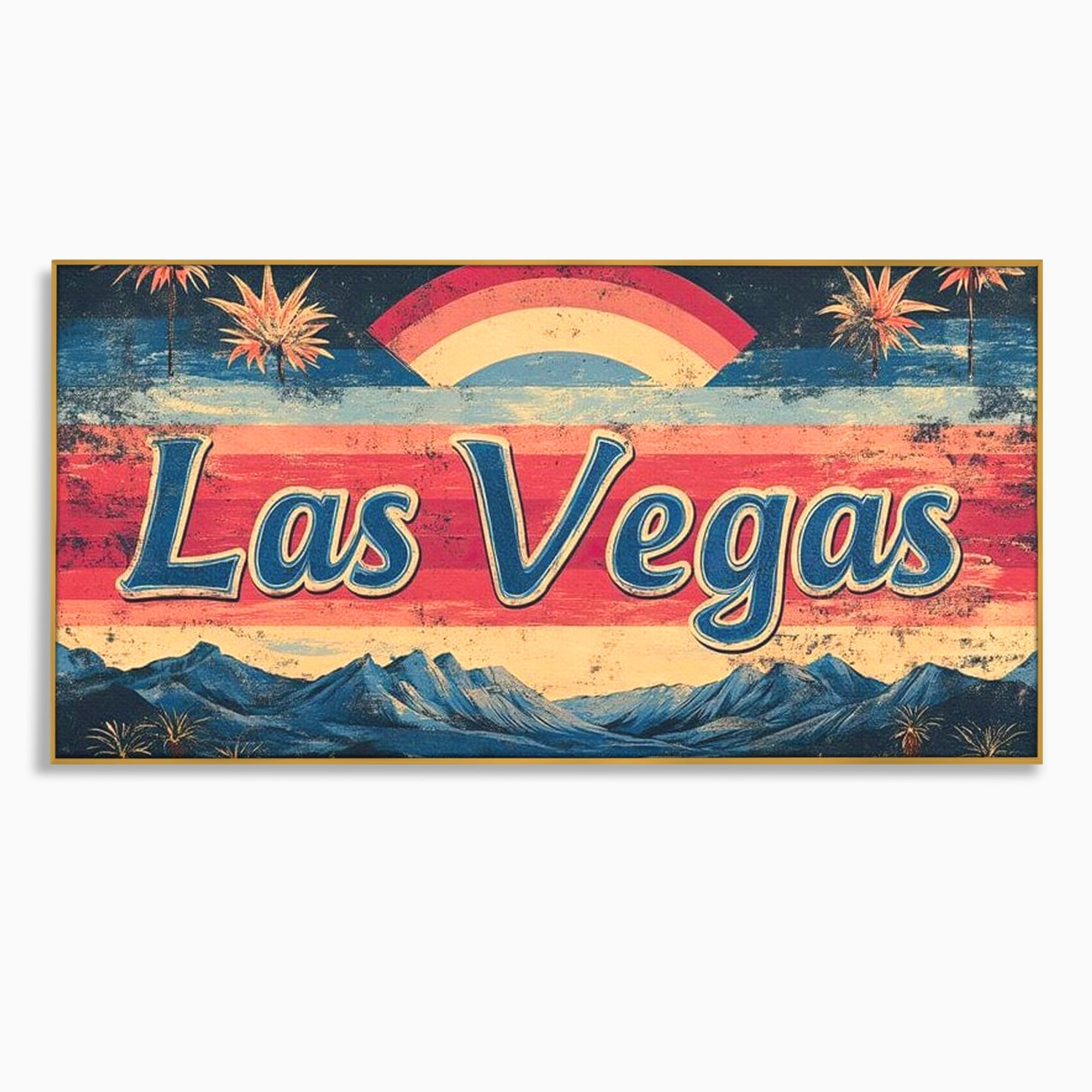 Tablou canvas cu ilustratie retro las vegas cu curcubeu si munti, in rama de aluminiu auriu