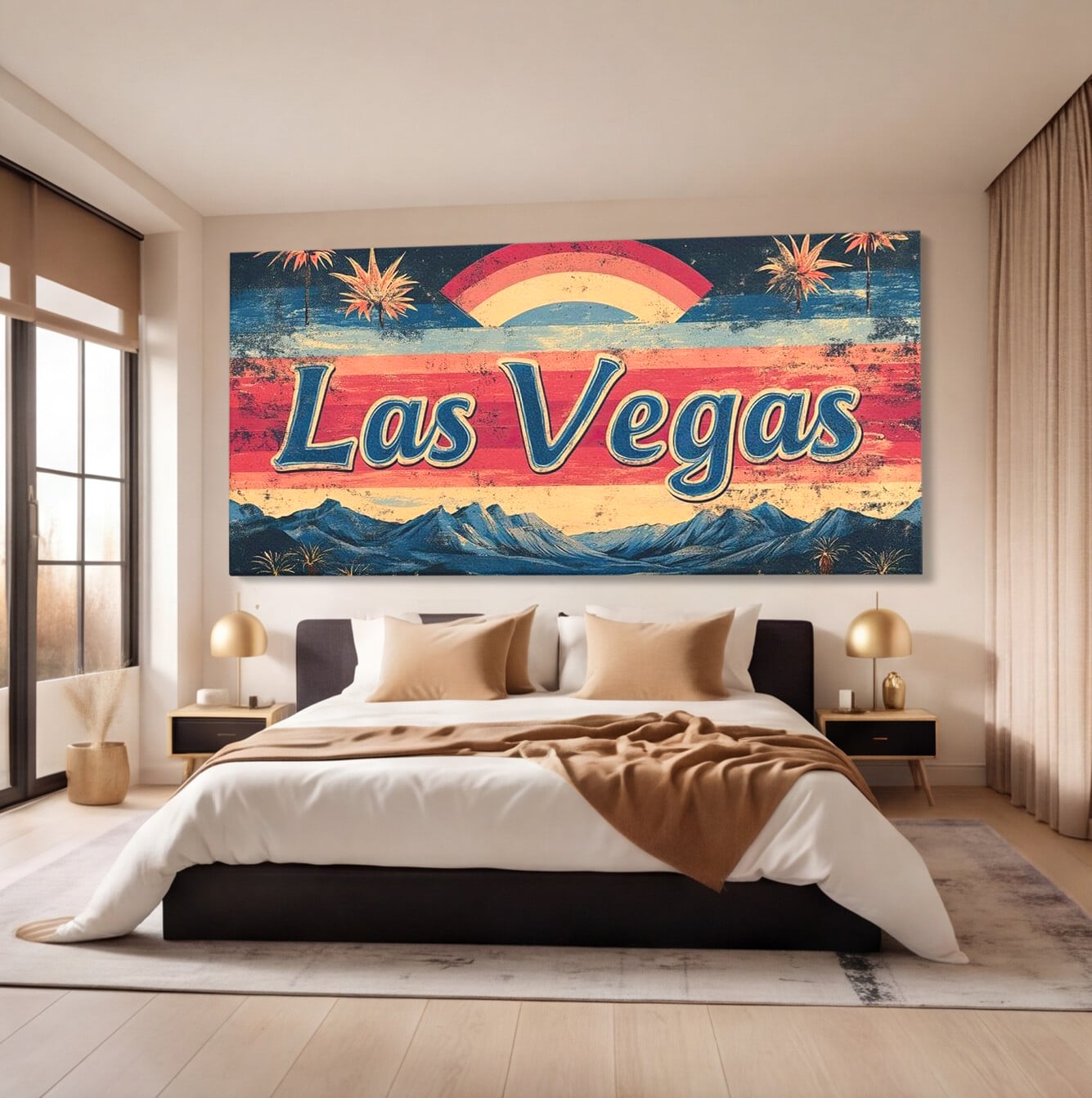 Tablou canvas cu ilustratie retro las vegas cu curcubeu si munti, fara rama, pe sasiu de lemn, pe perete intr-un dormitor
