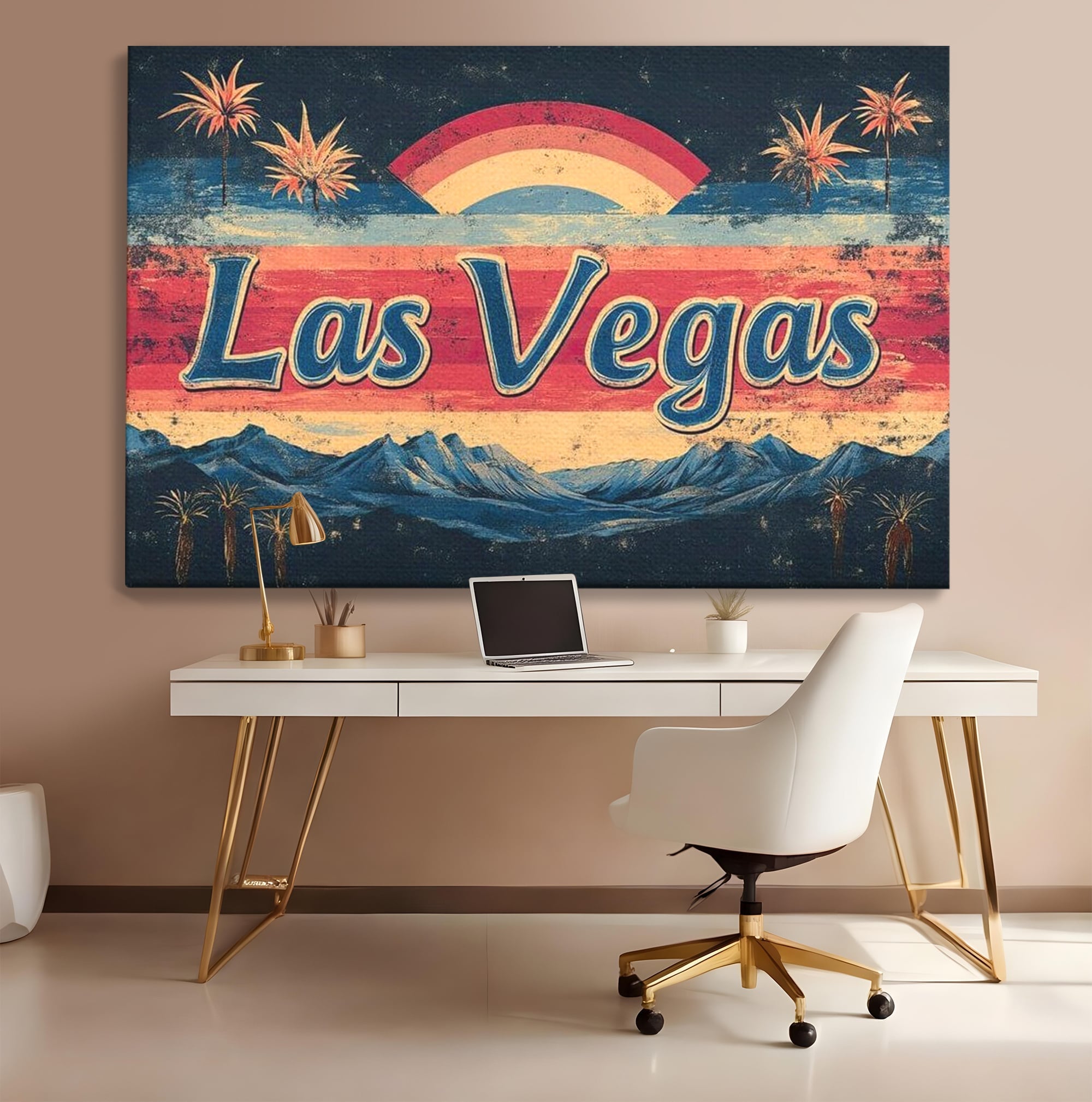 Tablou canvas cu ilustratie retro las vegas cu curcubeu si munti, fara rama, pe sasiu de lemn, pe perete intr-un birou