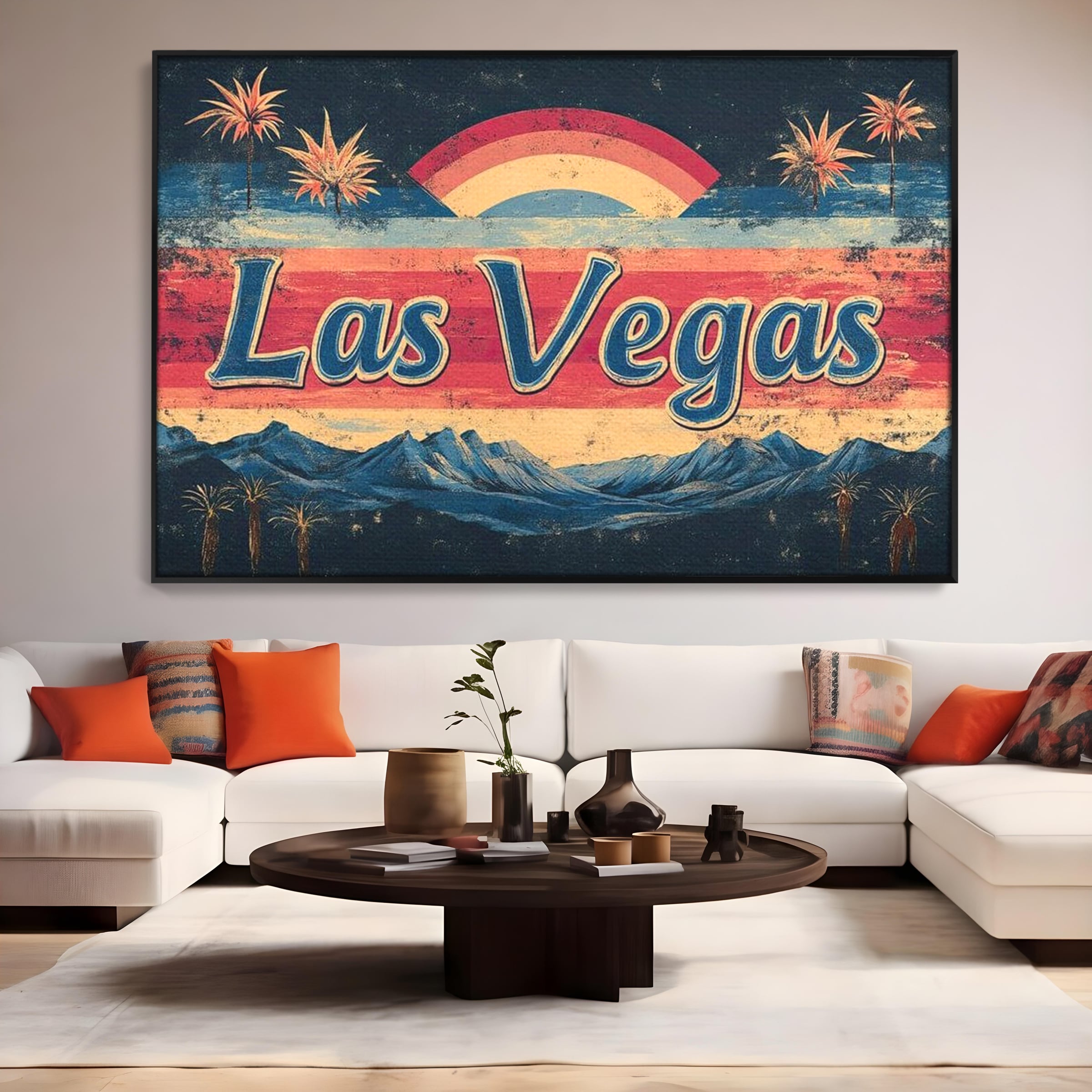 Tablou canvas cu ilustratie retro las vegas cu curcubeu si munti, in rama de aluminiu negru, pe perete intr-un living