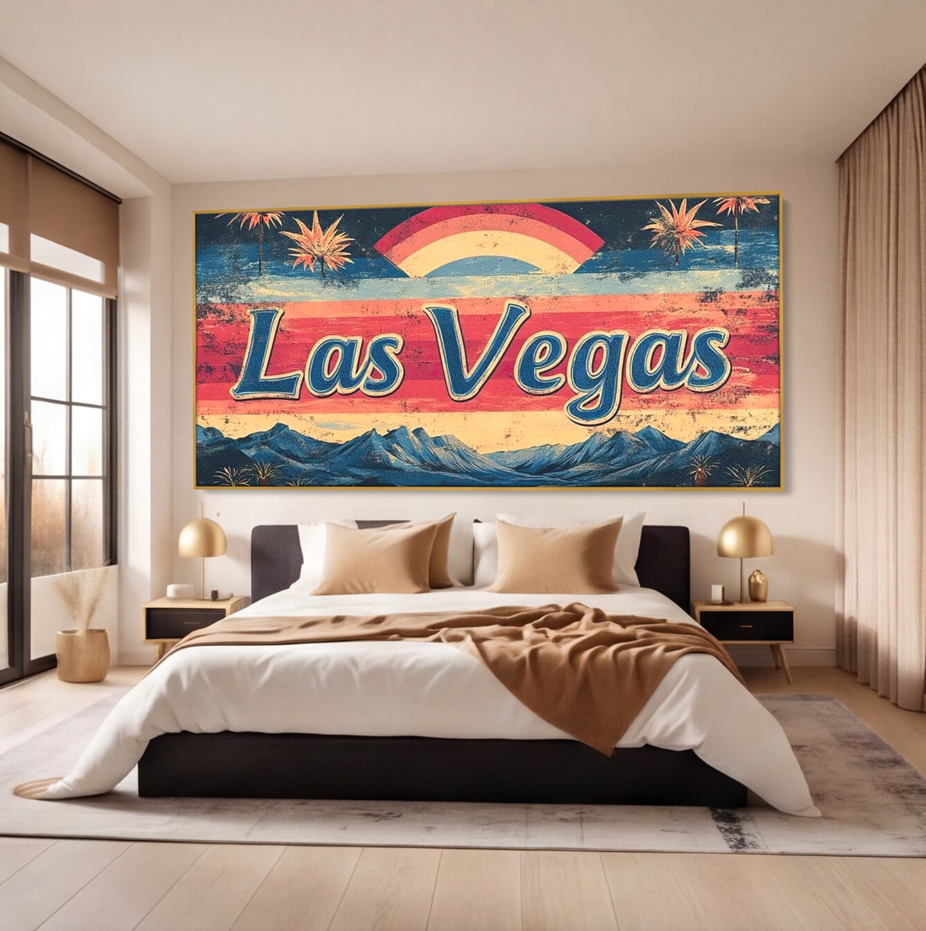 Tablou canvas cu ilustratie retro las vegas cu curcubeu si munti, in rama de aluminiu auriu, pe perete intr-un dormitor