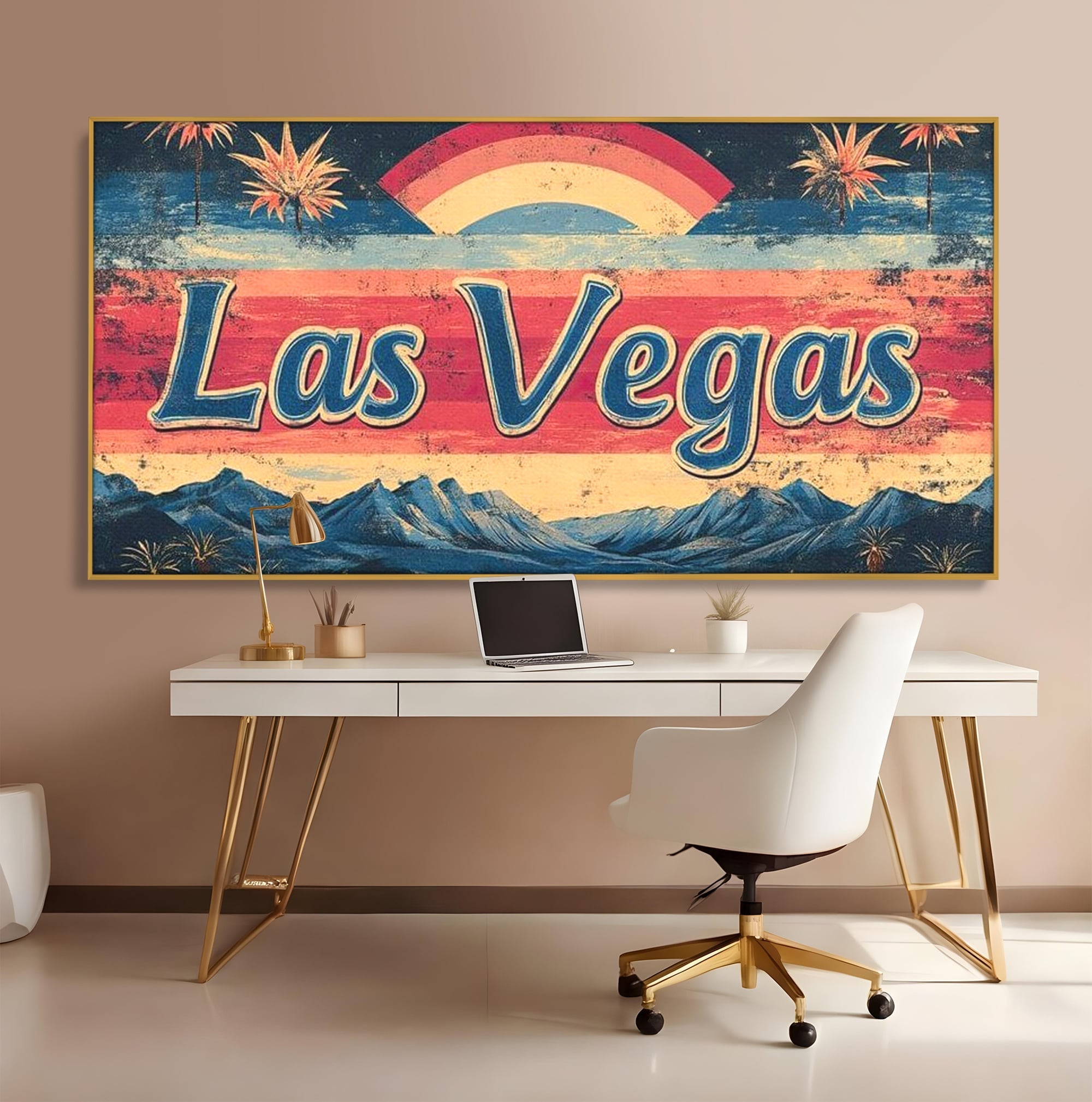 Tablou canvas cu ilustratie retro las vegas cu curcubeu si munti, in rama de aluminiu auriu, pe perete intr-un birou