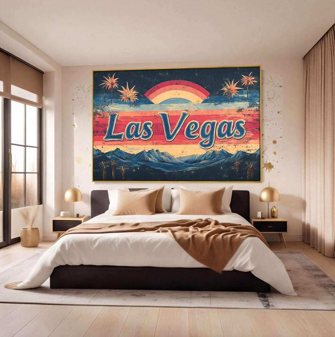 Tablou canvas cu ilustratie retro las vegas cu curcubeu si munti, in rama de aluminiu auriu, pe perete intr-un dormitor
