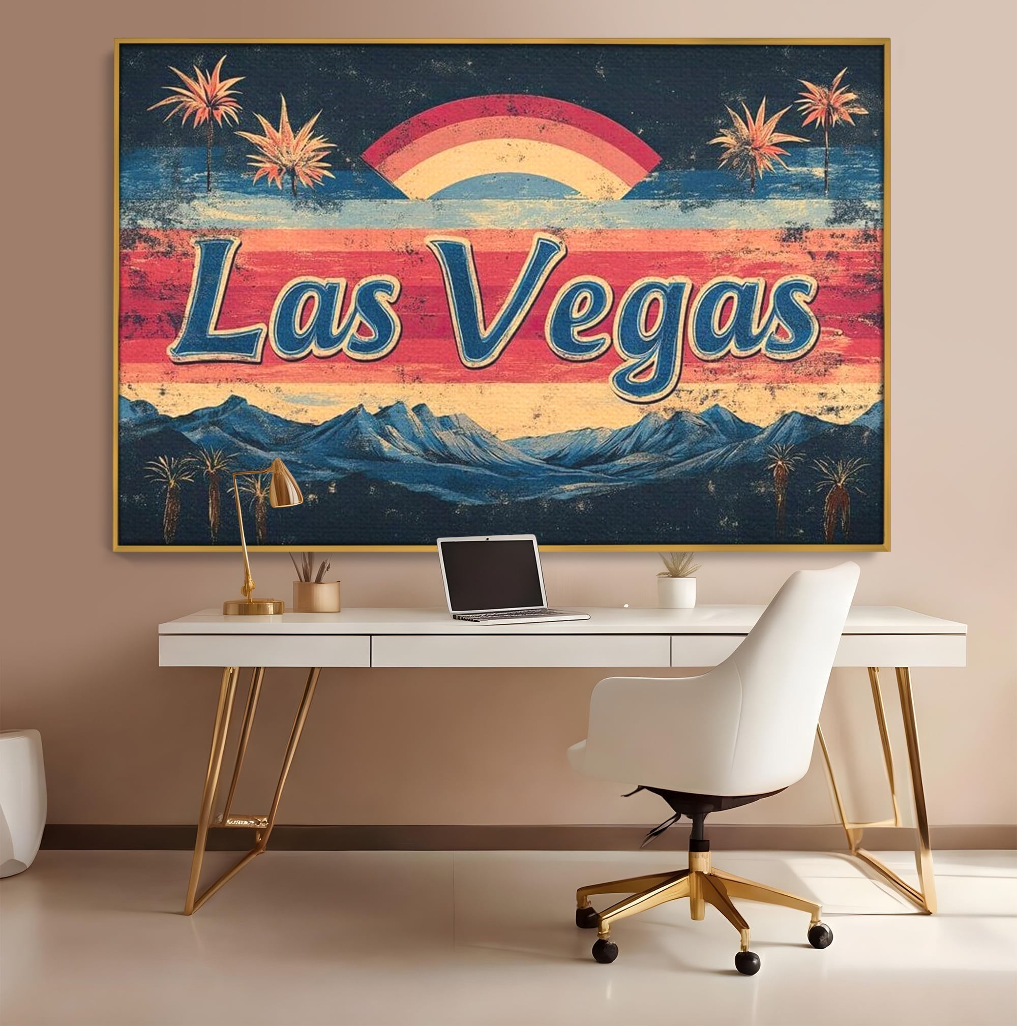 Tablou canvas cu ilustratie retro las vegas cu curcubeu si munti, in rama de aluminiu auriu, pe perete intr-un birou