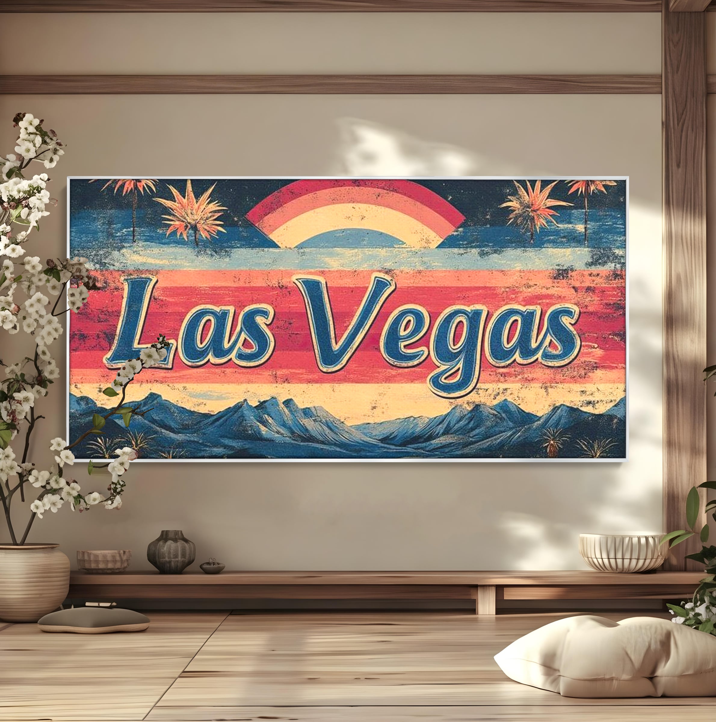 Tablou canvas cu ilustratie retro las vegas cu curcubeu si munti, in rama de aluminiu argintiu