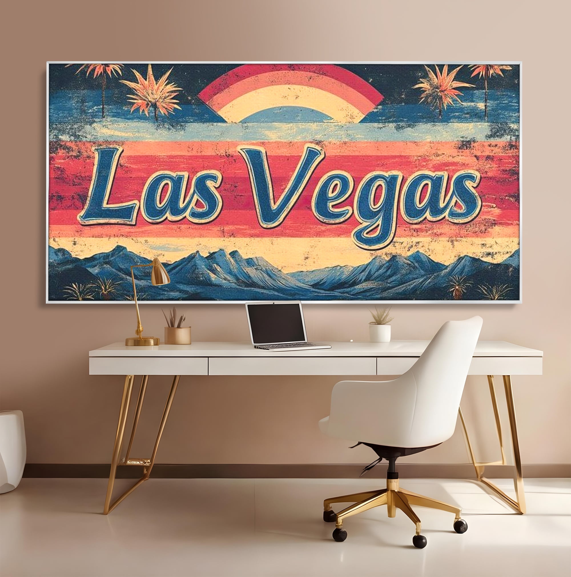 Tablou canvas cu ilustratie retro las vegas cu curcubeu si munti, in rama de aluminiu argintiu, pe perete intr-un birou