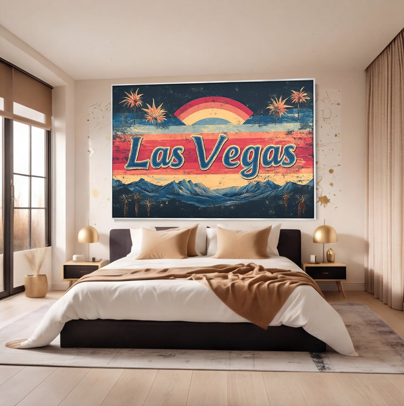 Tablou canvas cu ilustratie retro las vegas cu curcubeu si munti, in rama de aluminiu argintiu, pe perete intr-un dormitor