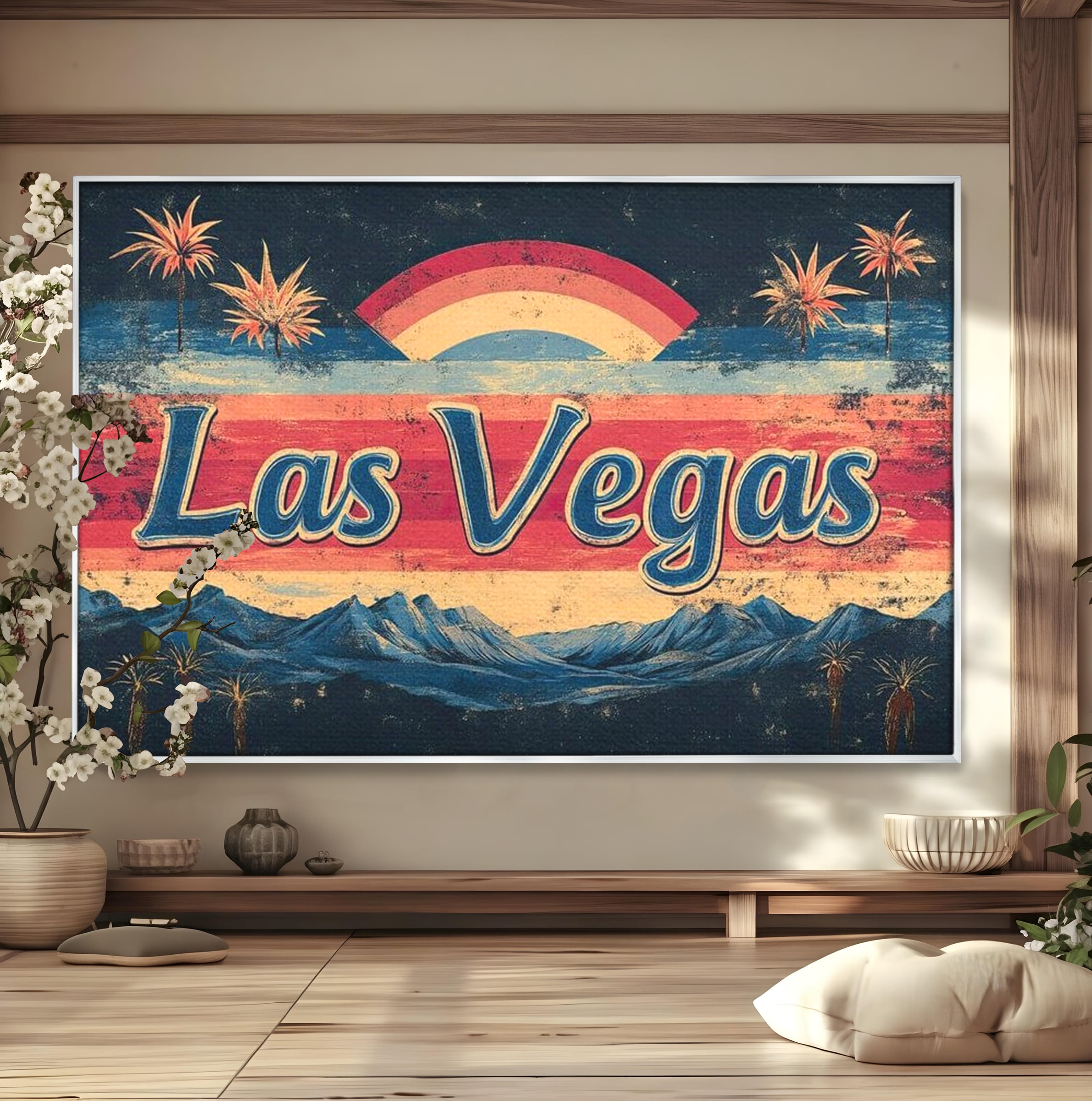Tablou canvas cu ilustratie retro las vegas cu curcubeu si munti, in rama de aluminiu argintiu