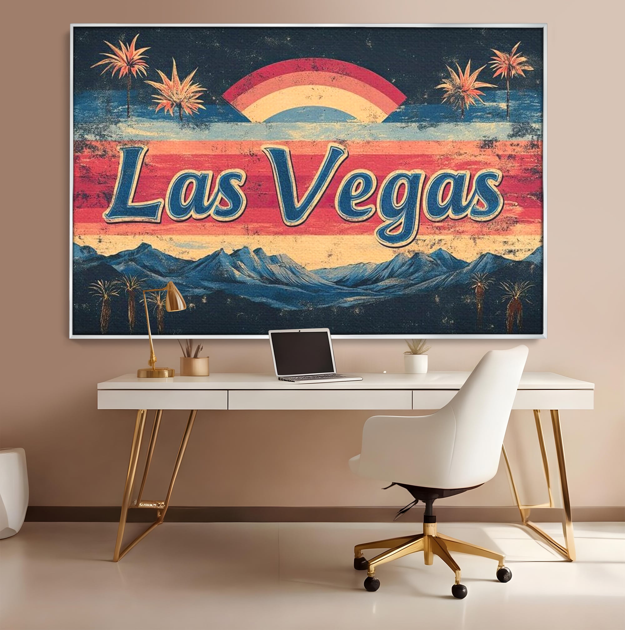 Tablou canvas cu ilustratie retro las vegas cu curcubeu si munti, in rama de aluminiu argintiu, pe perete intr-un birou