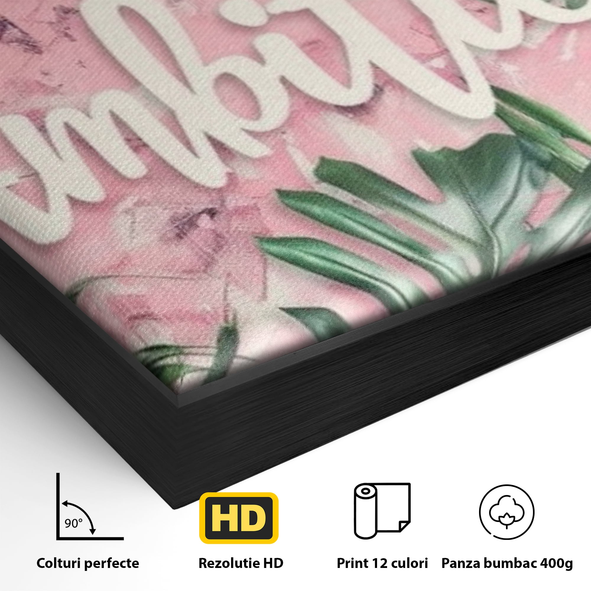 Detaliu al suprafetei: tablou canvas cu frunze tropicale si text, in rama de aluminiu negru