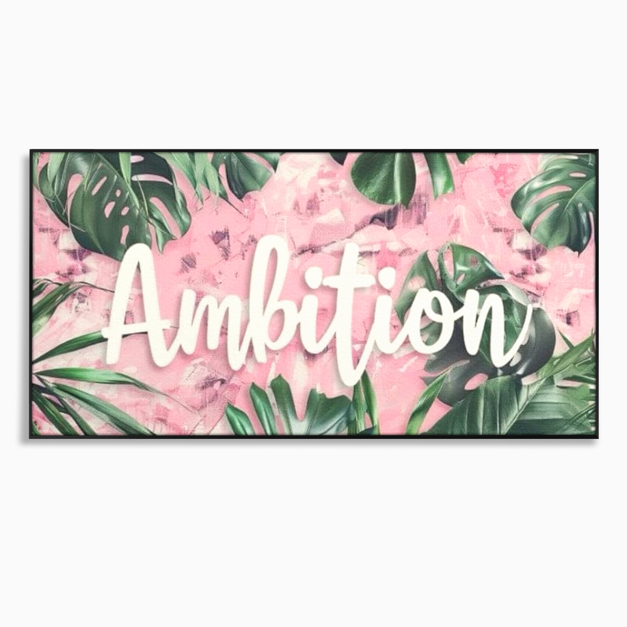 Tablou canvas cu tablou canvas cu frunze tropicale si text, in rama de aluminiu negru