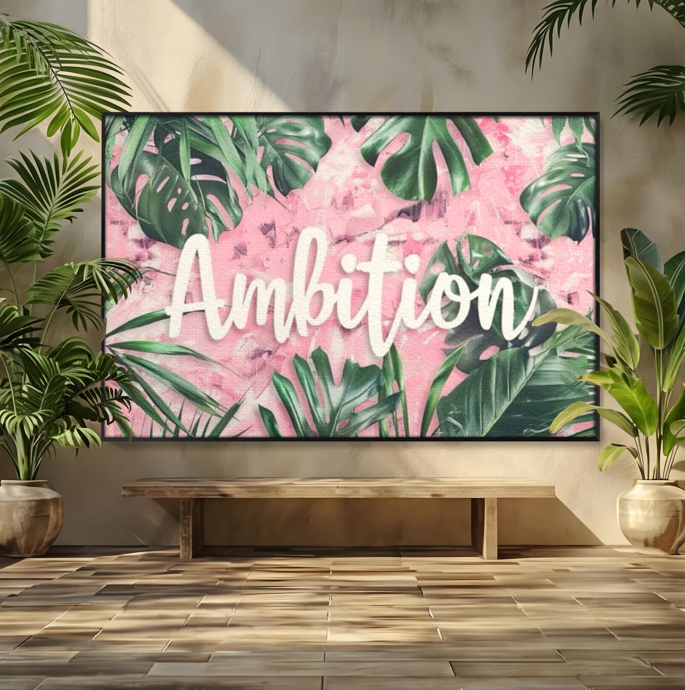 Tablou canvas cu tablou canvas cu frunze tropicale si text, in rama de aluminiu negru