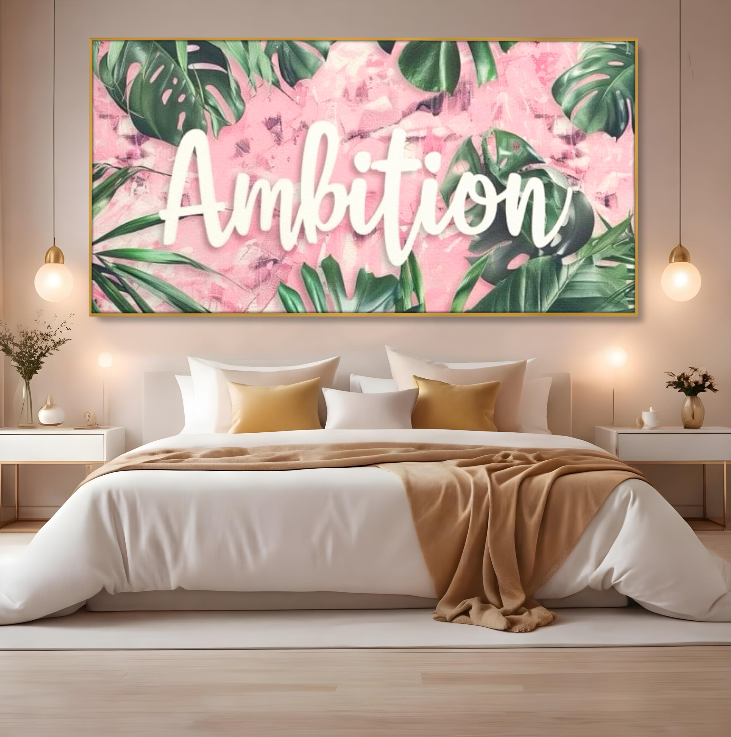 Tablou canvas cu tablou canvas cu frunze tropicale si text, in rama de aluminiu auriu, pe perete intr-un dormitor