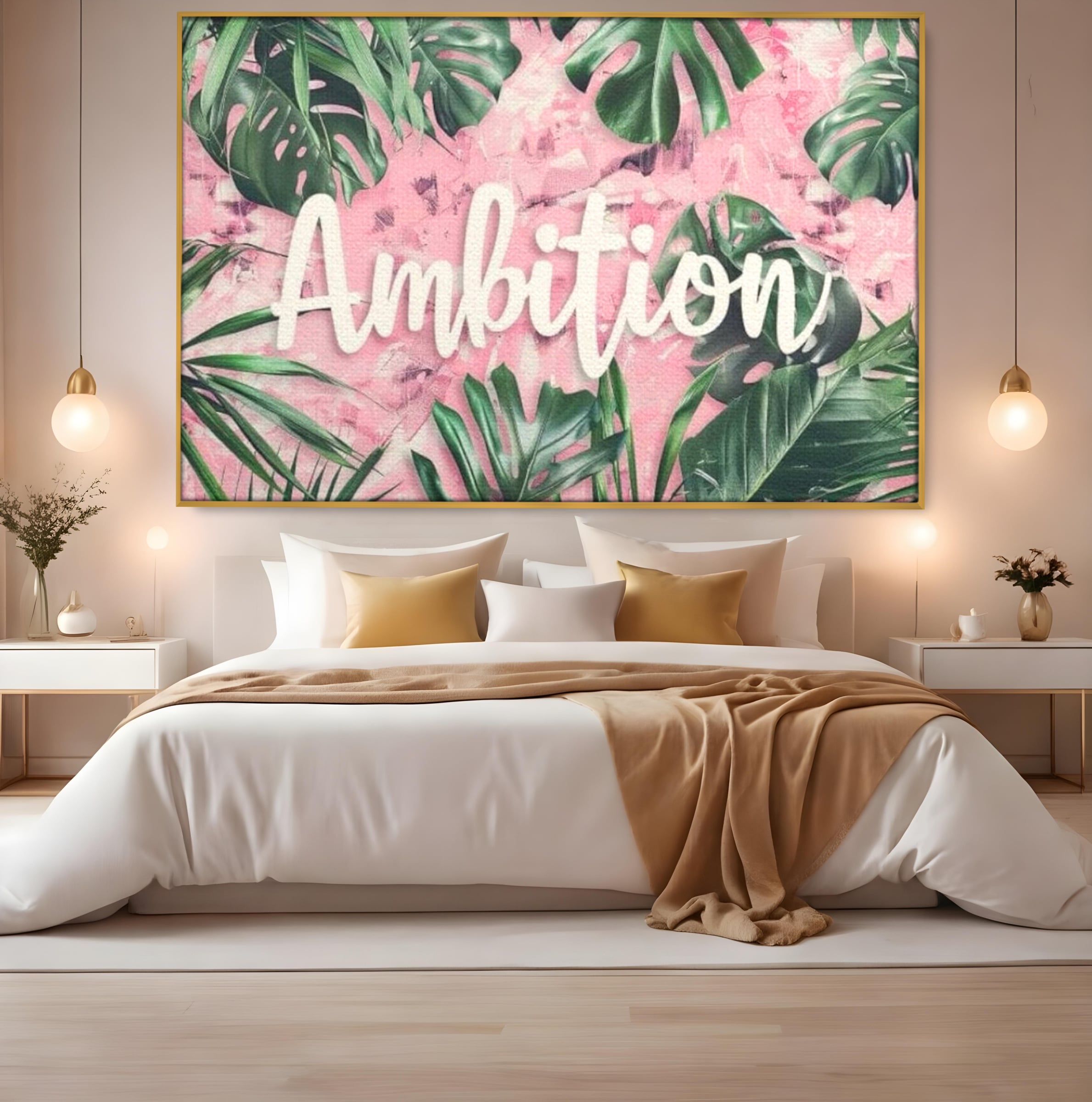 Tablou canvas cu tablou canvas cu frunze tropicale si text, in rama de aluminiu auriu, pe perete intr-un dormitor