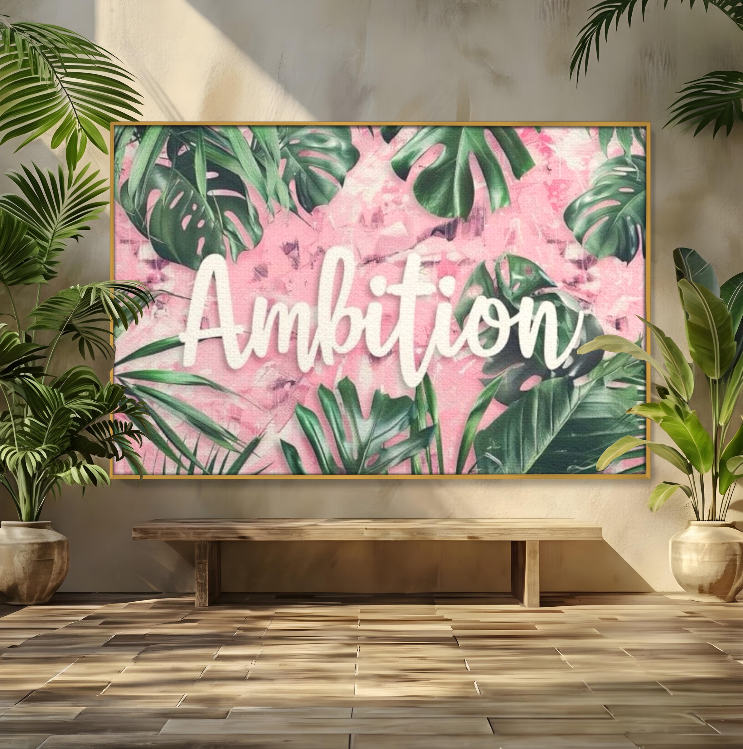 Tablou canvas cu tablou canvas cu frunze tropicale si text, in rama de aluminiu auriu