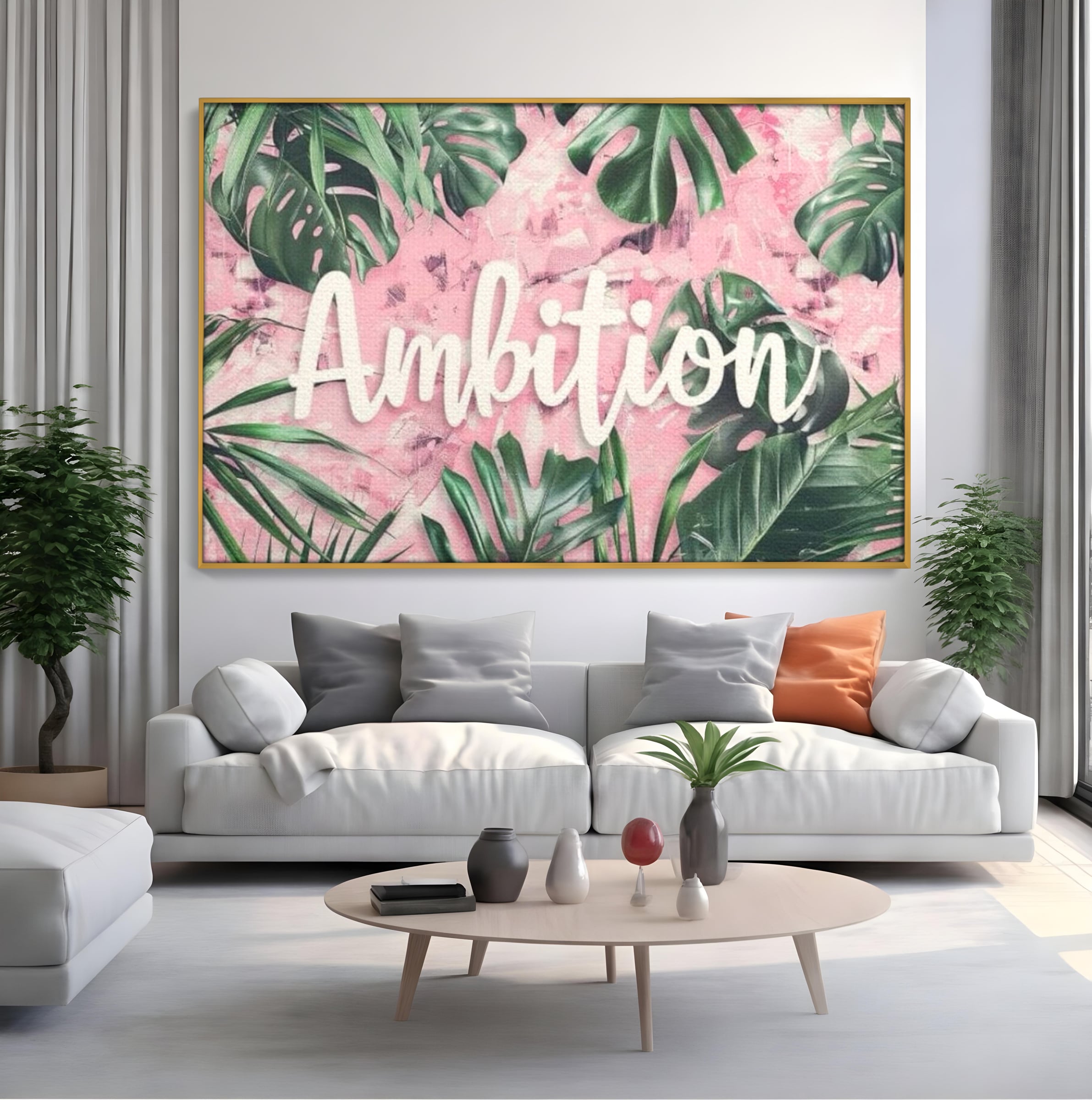 Tablou canvas cu tablou canvas cu frunze tropicale si text, in rama de aluminiu auriu, pe perete intr-un living