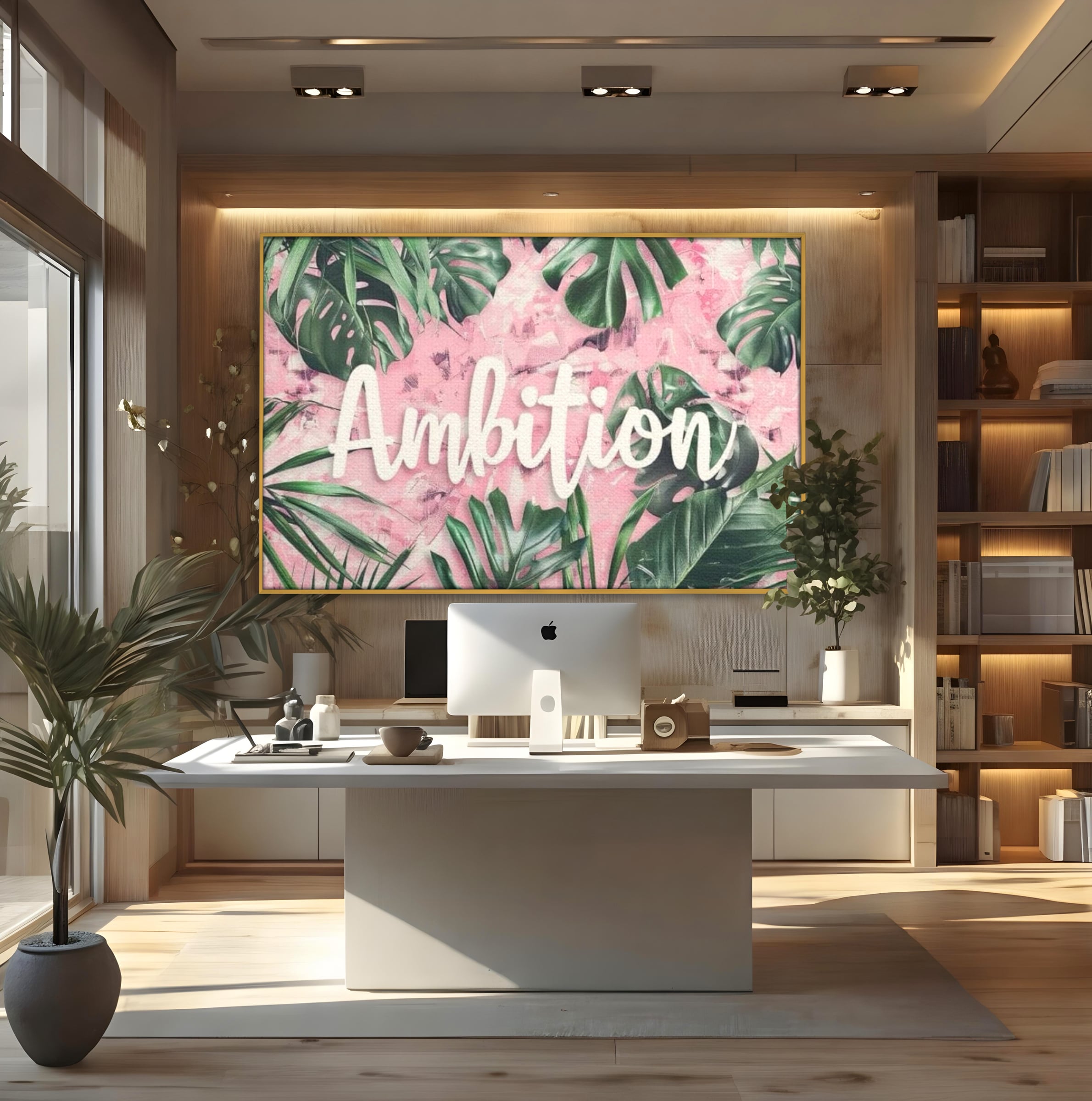 Tablou canvas cu tablou canvas cu frunze tropicale si text, in rama de aluminiu auriu, pe perete intr-un birou