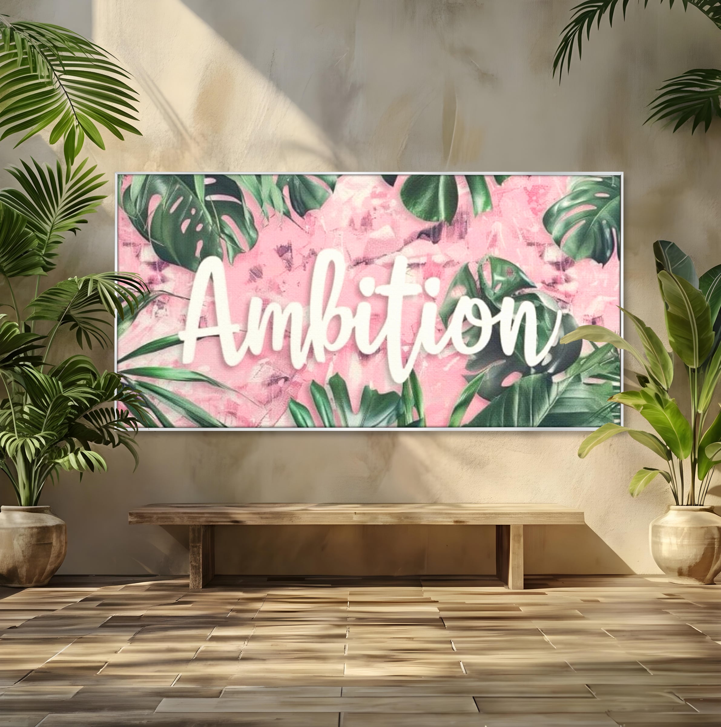 Tablou canvas cu tablou canvas cu frunze tropicale si text, in rama de aluminiu argintiu