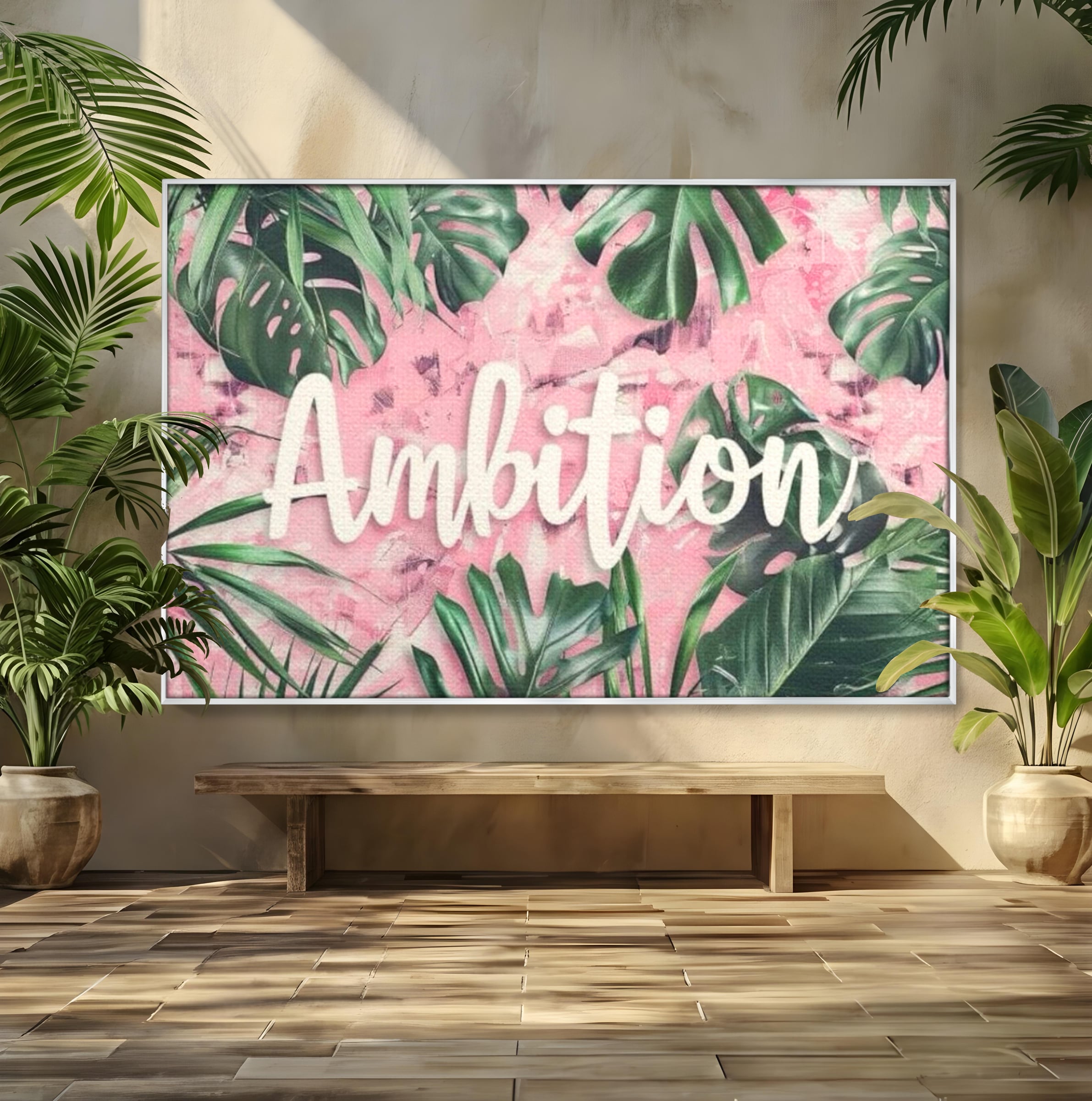 Tablou canvas cu tablou canvas cu frunze tropicale si text, in rama de aluminiu argintiu