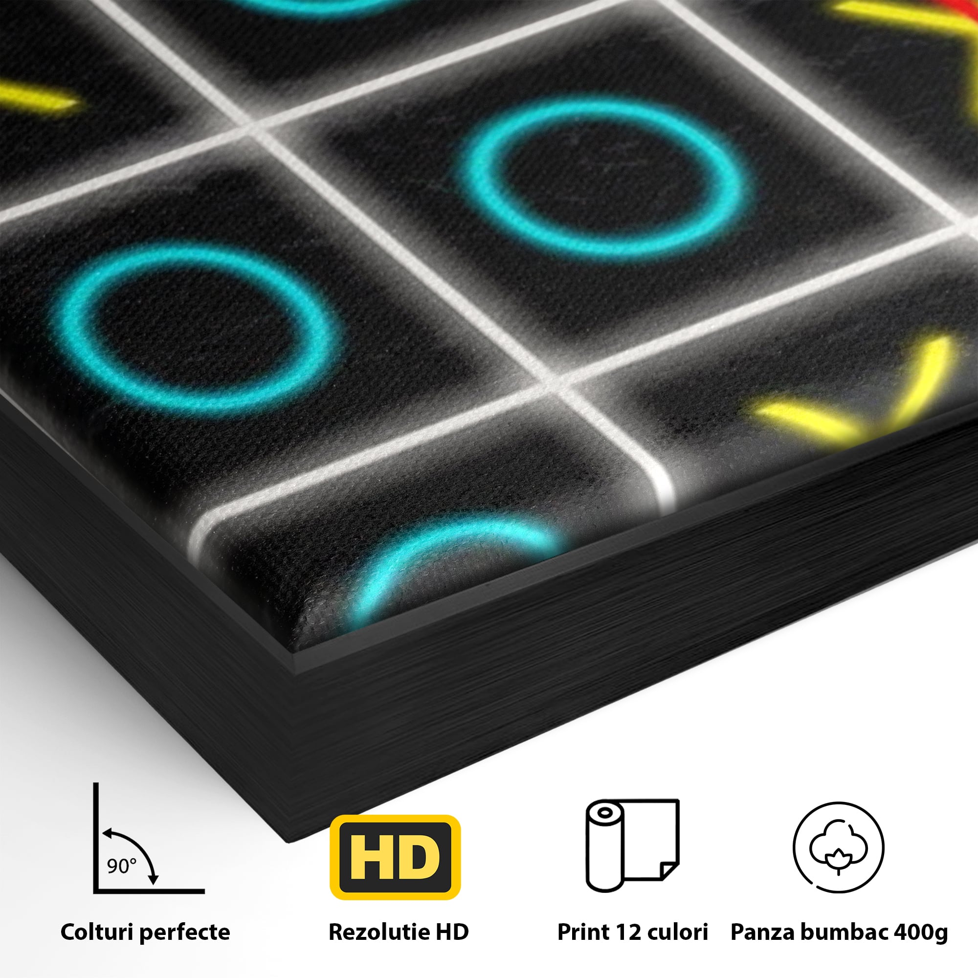 Detaliu al suprafetei: tablou canvas cu joc de tictactoe si text, in rama de aluminiu negru