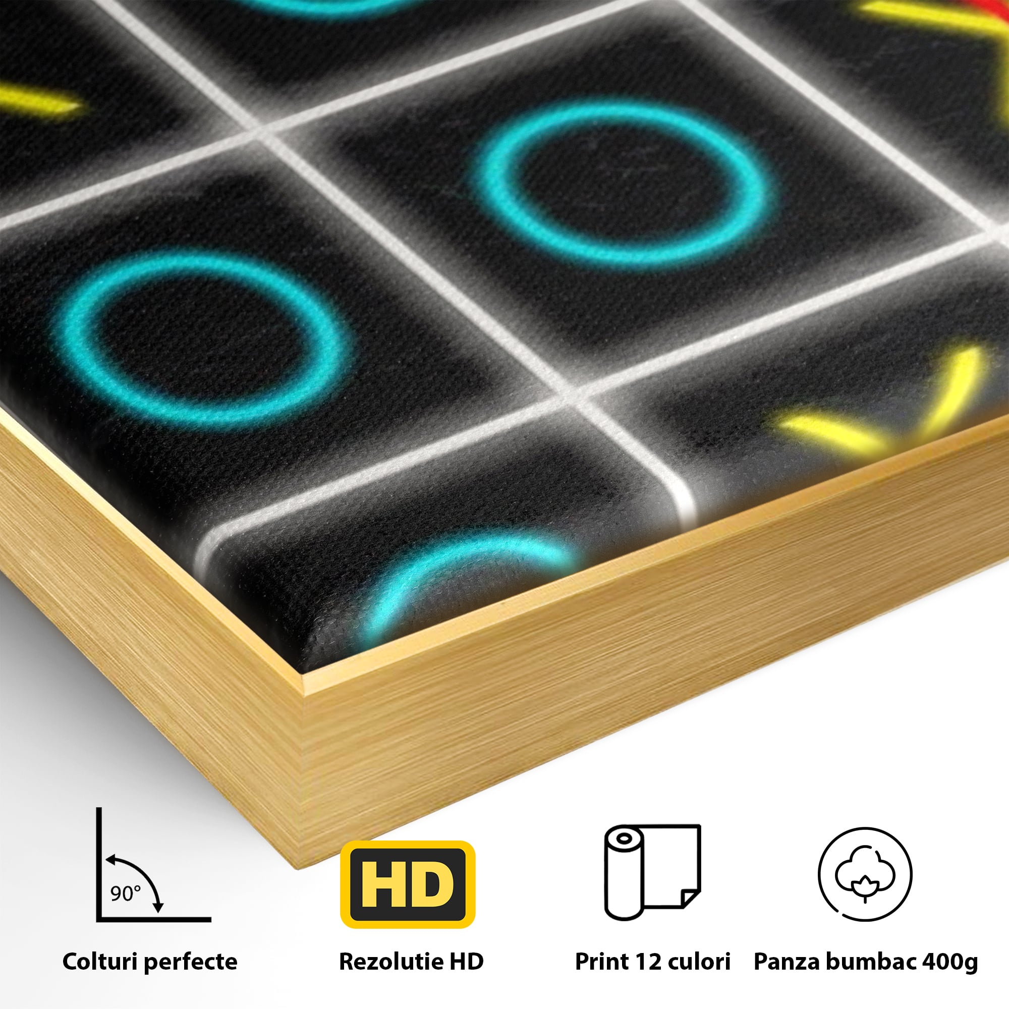 Detaliu al suprafetei: tablou canvas cu joc de tictactoe si text, in rama de aluminiu auriu