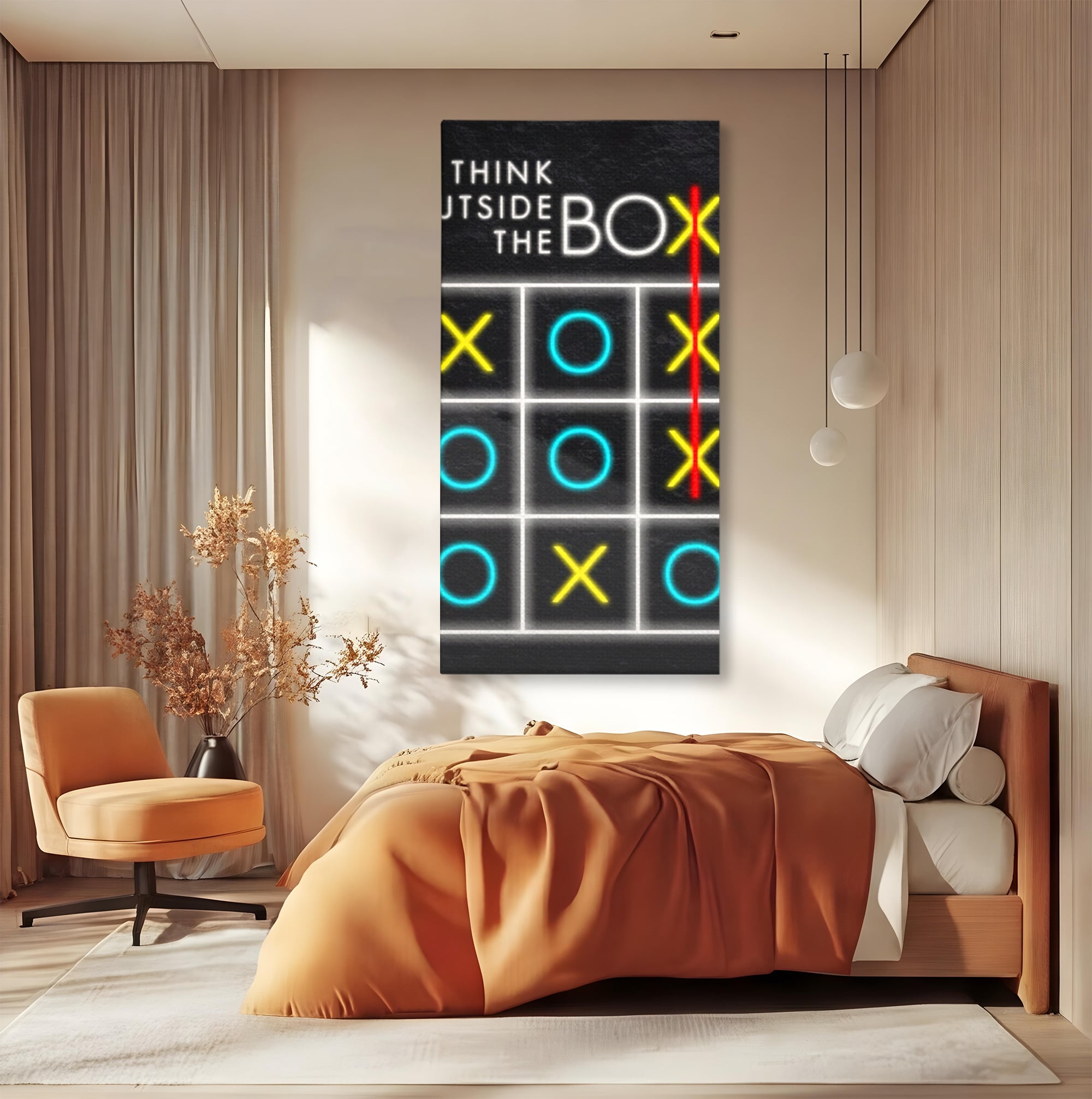 Tablou canvas cu tablou canvas cu joc de tictactoe si text, fara rama, pe sasiu de lemn, pe perete intr-un dormitor