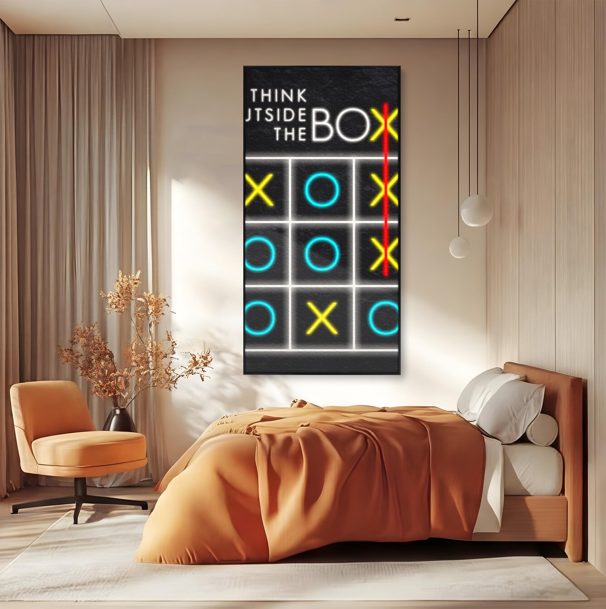 Tablou canvas cu tablou canvas cu joc de tictactoe si text, in rama de aluminiu negru, pe perete intr-un dormitor