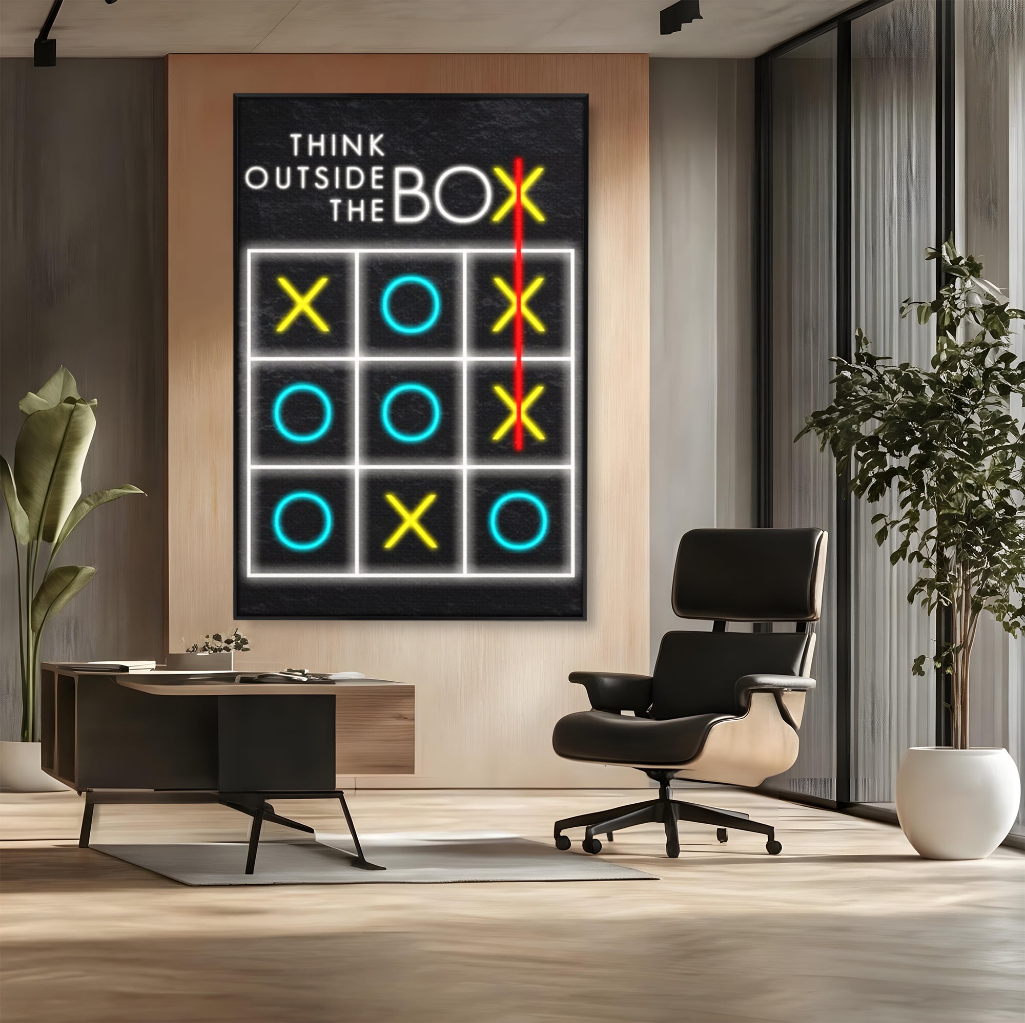 Tablou canvas cu tablou canvas cu joc de tictactoe si text, in rama de aluminiu negru, pe perete intr-un birou