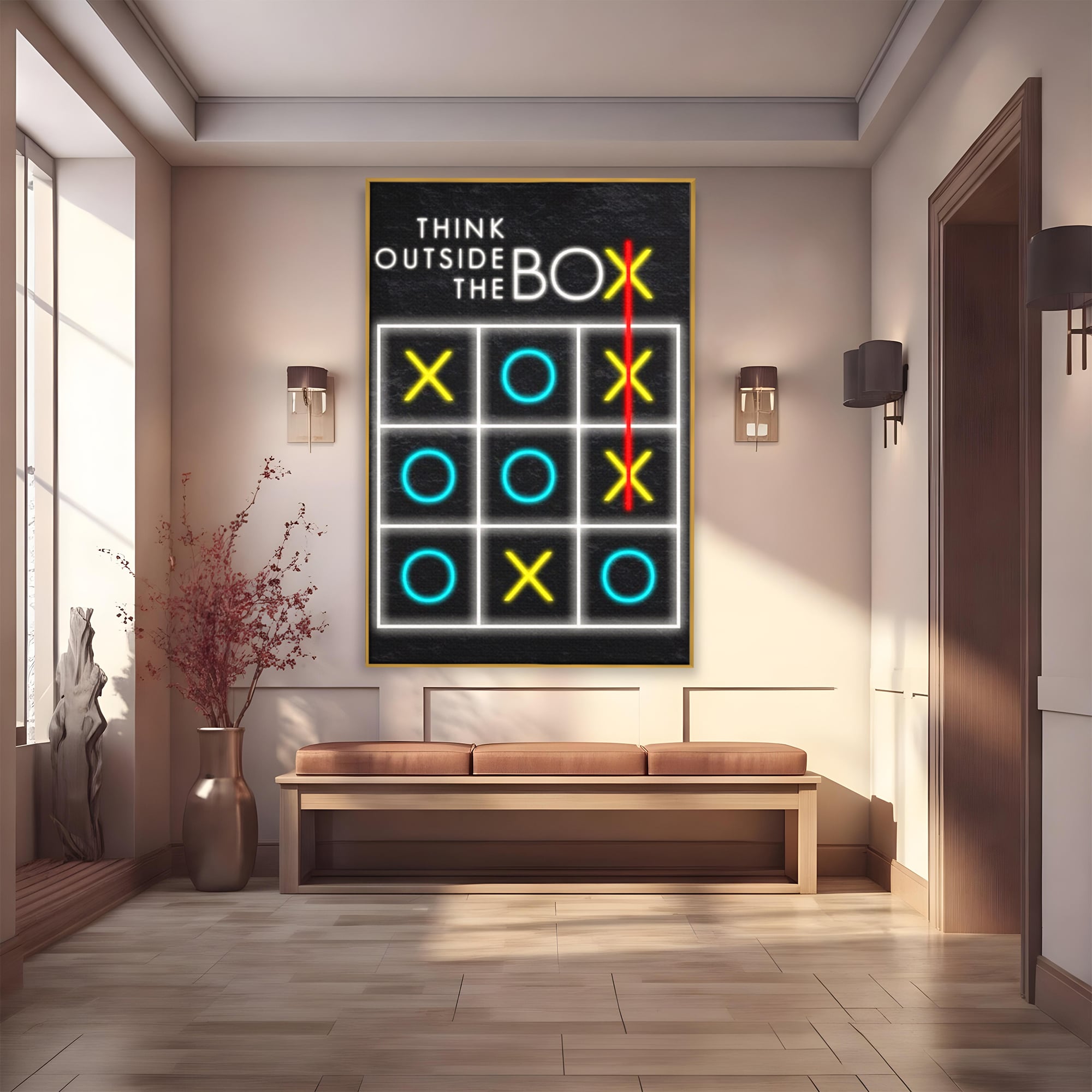 Tablou canvas cu tablou canvas cu joc de tictactoe si text, in rama de aluminiu auriu