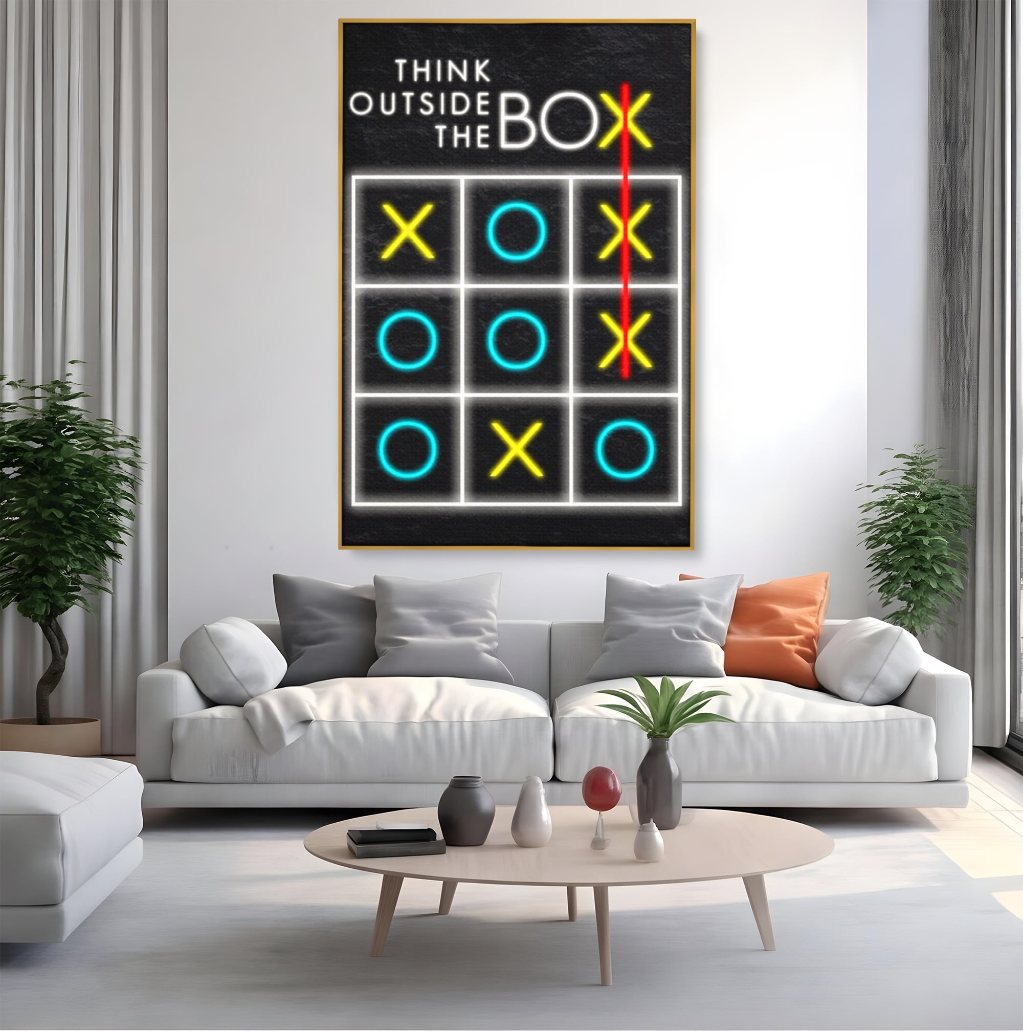 Tablou canvas cu tablou canvas cu joc de tictactoe si text, in rama de aluminiu auriu, pe perete intr-un living