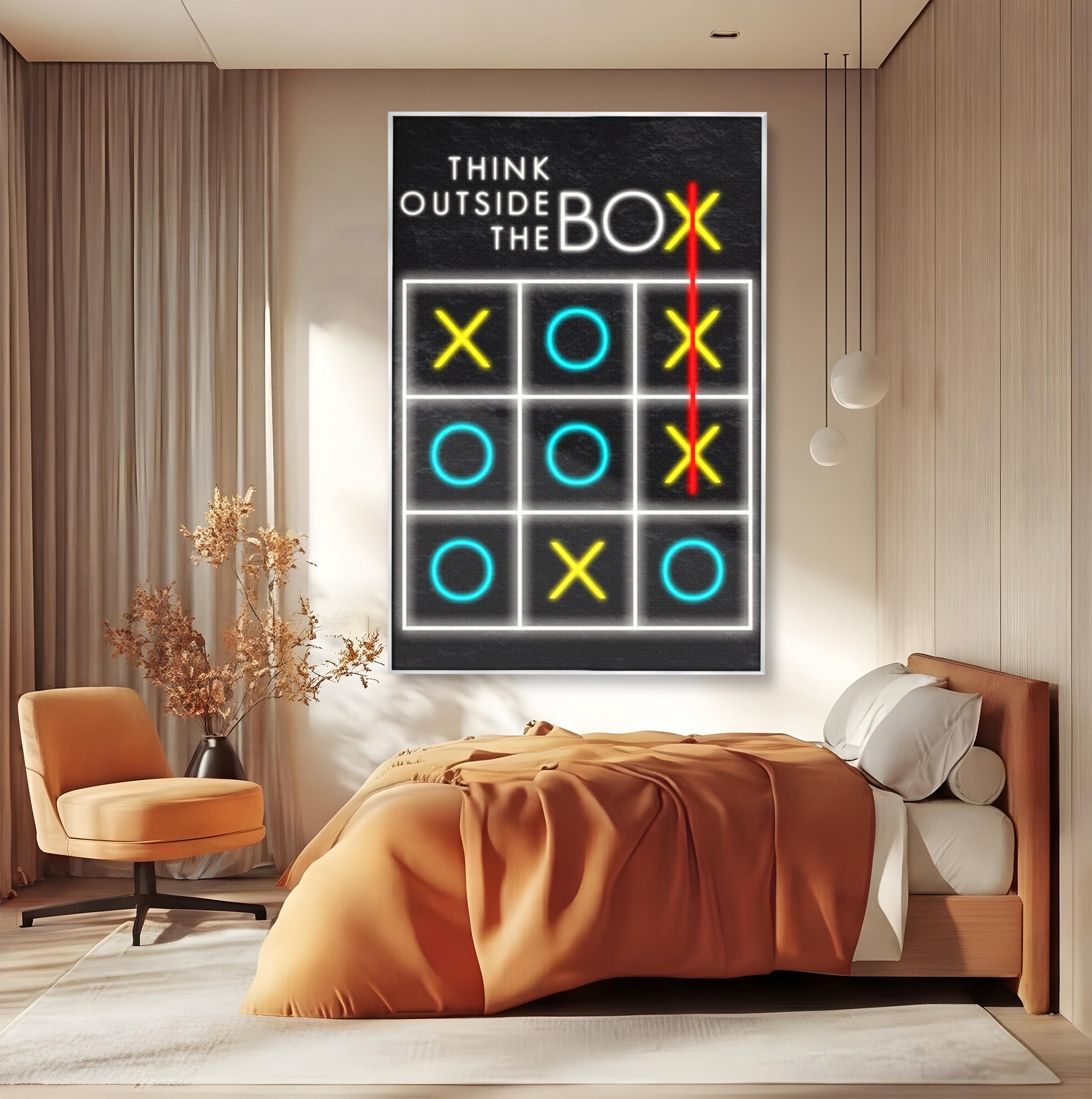 Tablou canvas cu tablou canvas cu joc de tictactoe si text, in rama de aluminiu argintiu, pe perete intr-un dormitor
