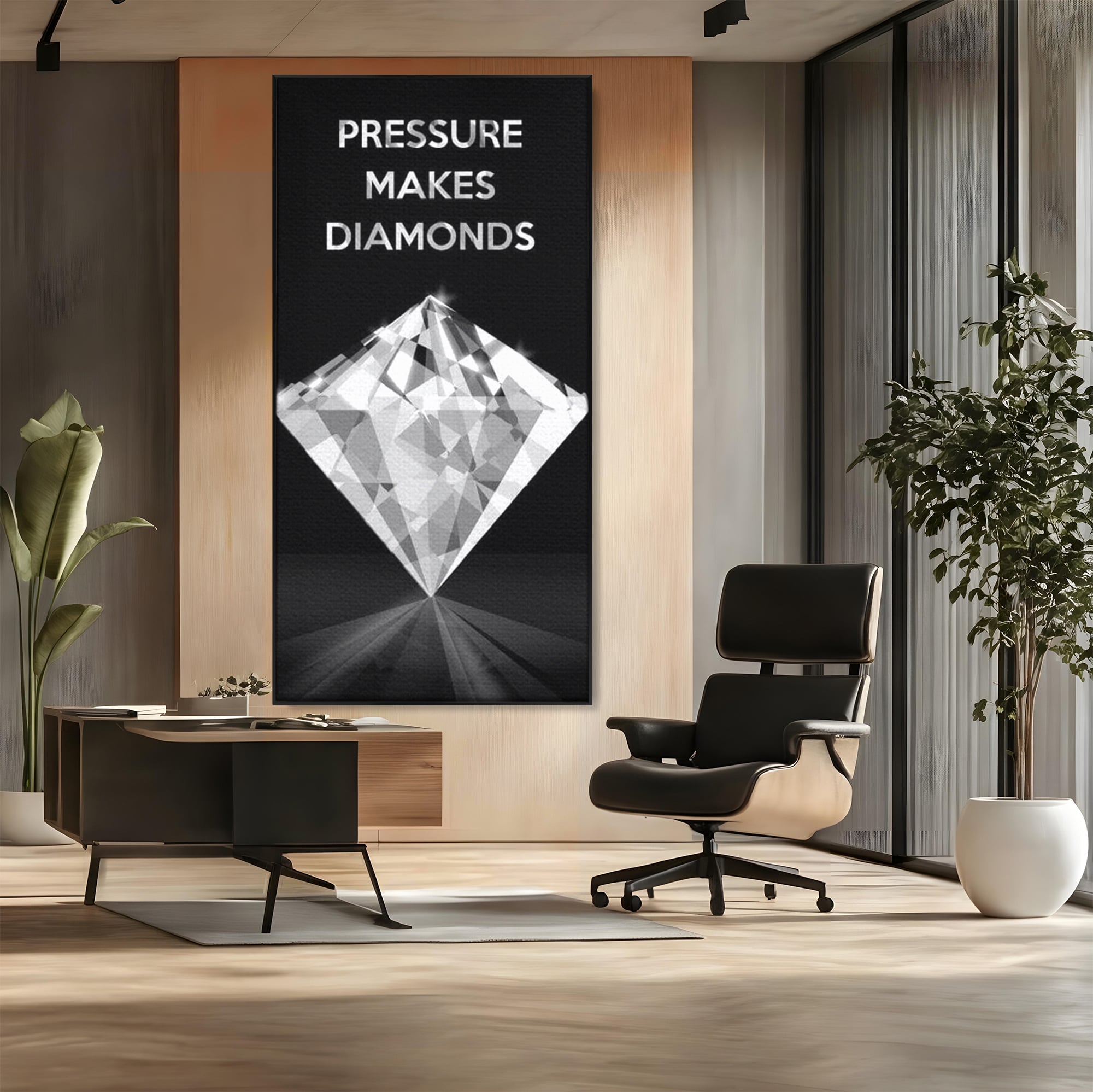 Tablou canvas cu tablou motivational cu diamant argintiu, in rama de aluminiu negru, pe perete intr-un birou