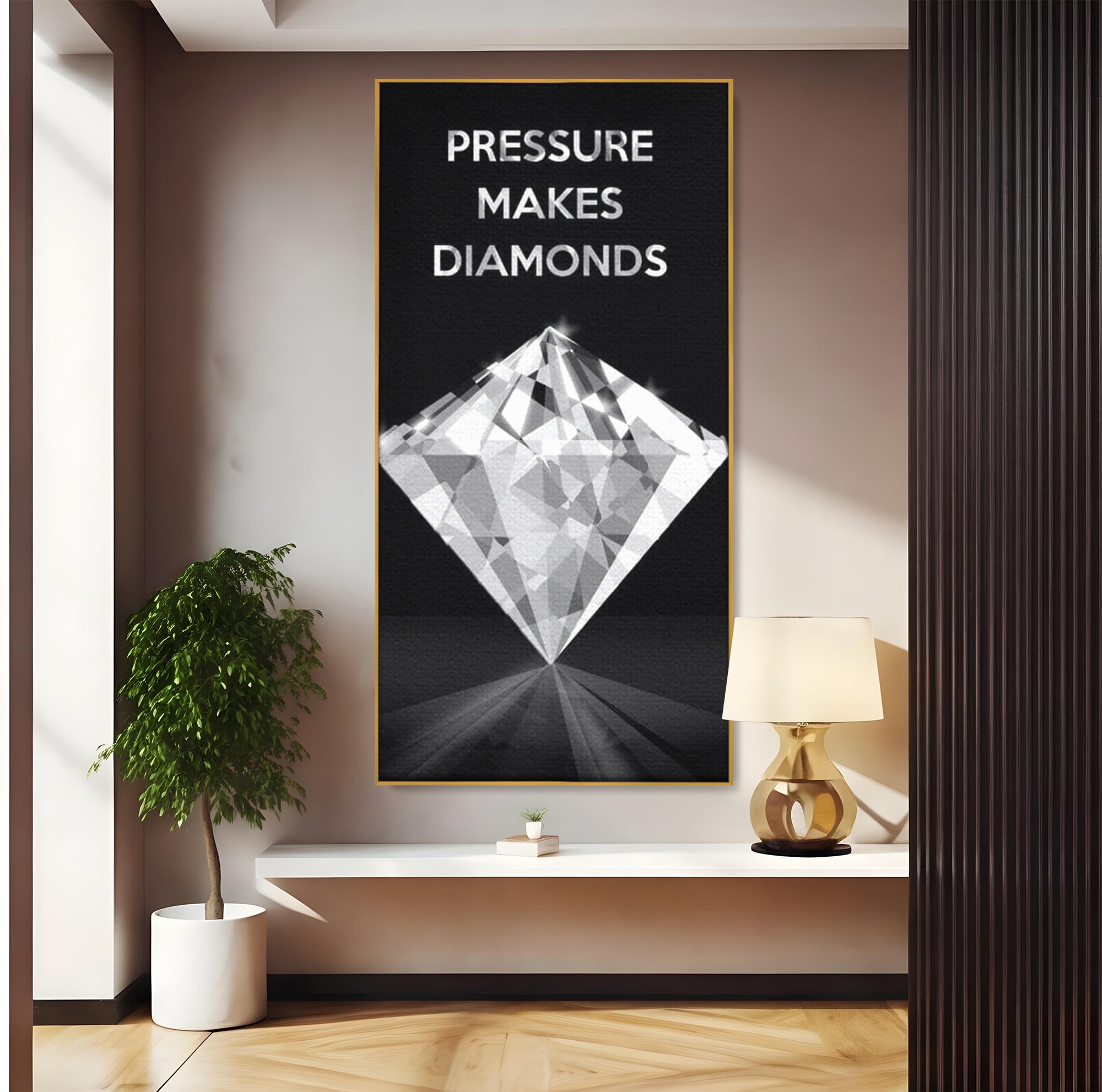 Tablou canvas cu tablou motivational cu diamant argintiu, in rama de aluminiu auriu