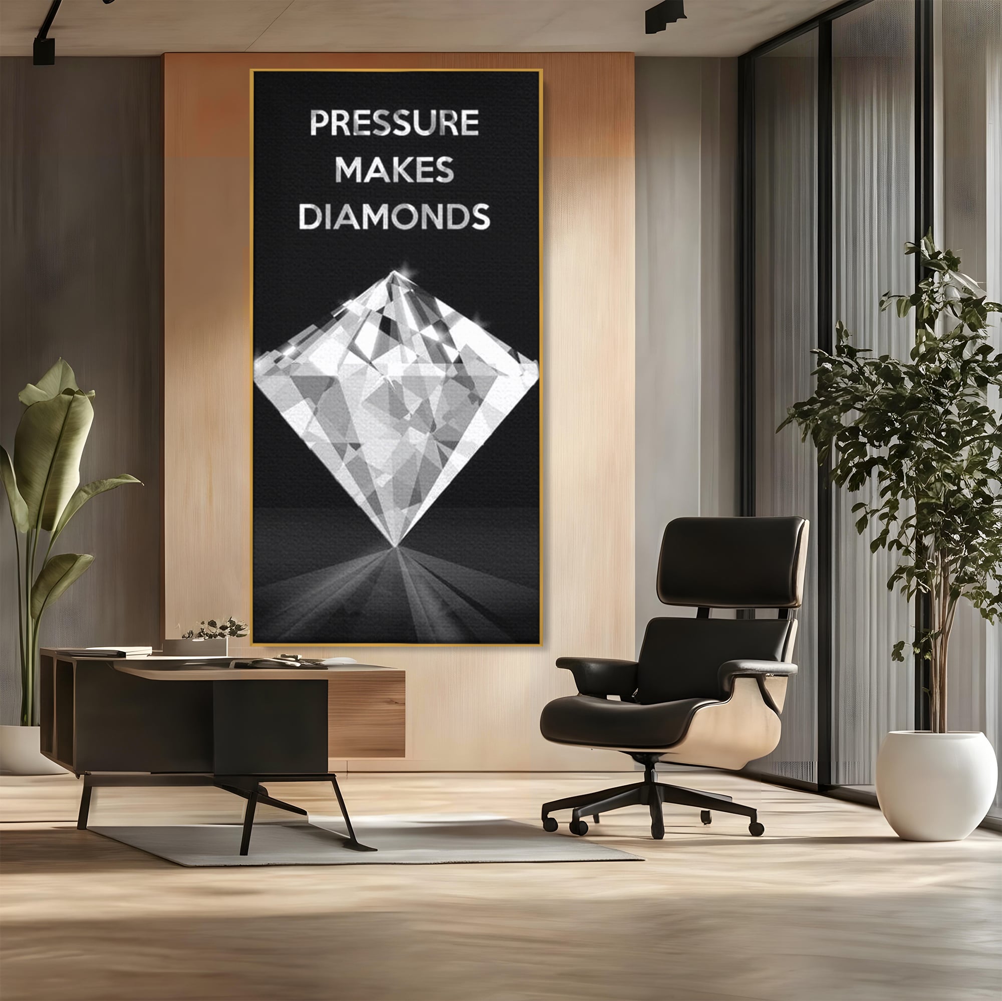 Tablou canvas cu tablou motivational cu diamant argintiu, in rama de aluminiu auriu, pe perete intr-un birou