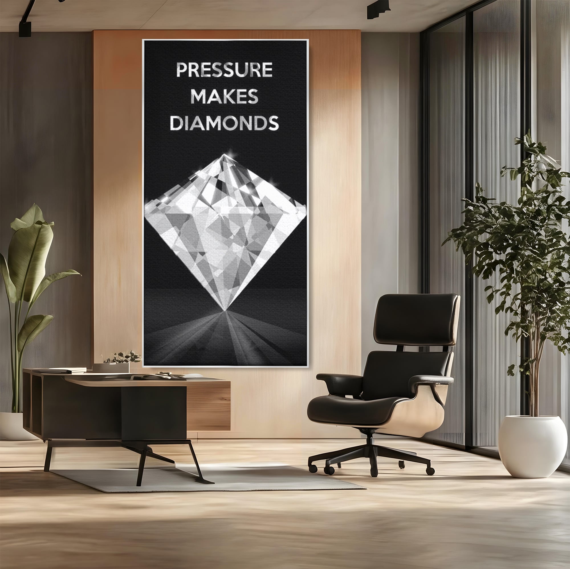 Tablou canvas cu tablou motivational cu diamant argintiu, in rama de aluminiu argintiu, pe perete intr-un birou