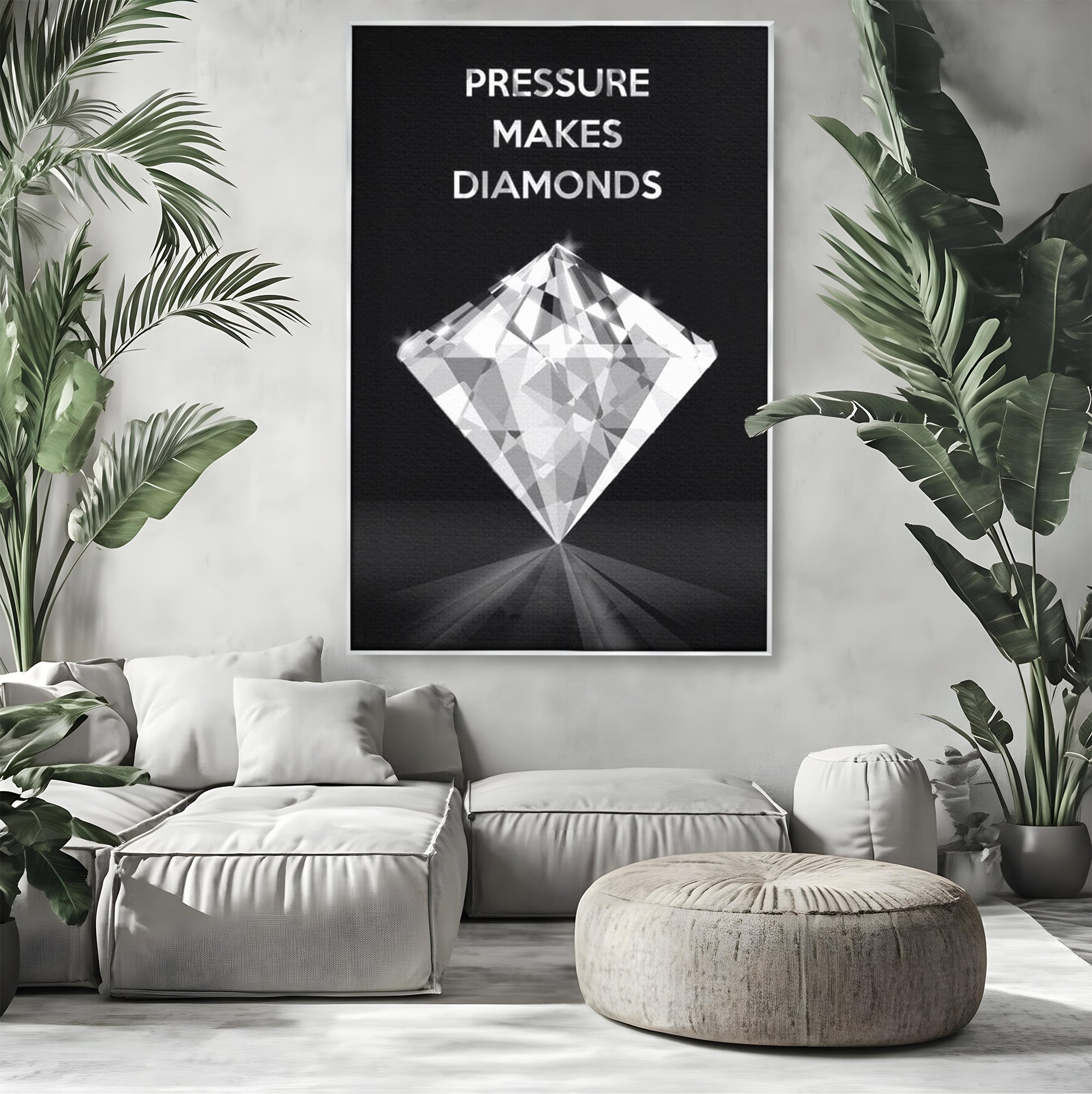 Tablou canvas cu tablou motivational cu diamant argintiu, in rama de aluminiu argintiu, pe perete intr-un living
