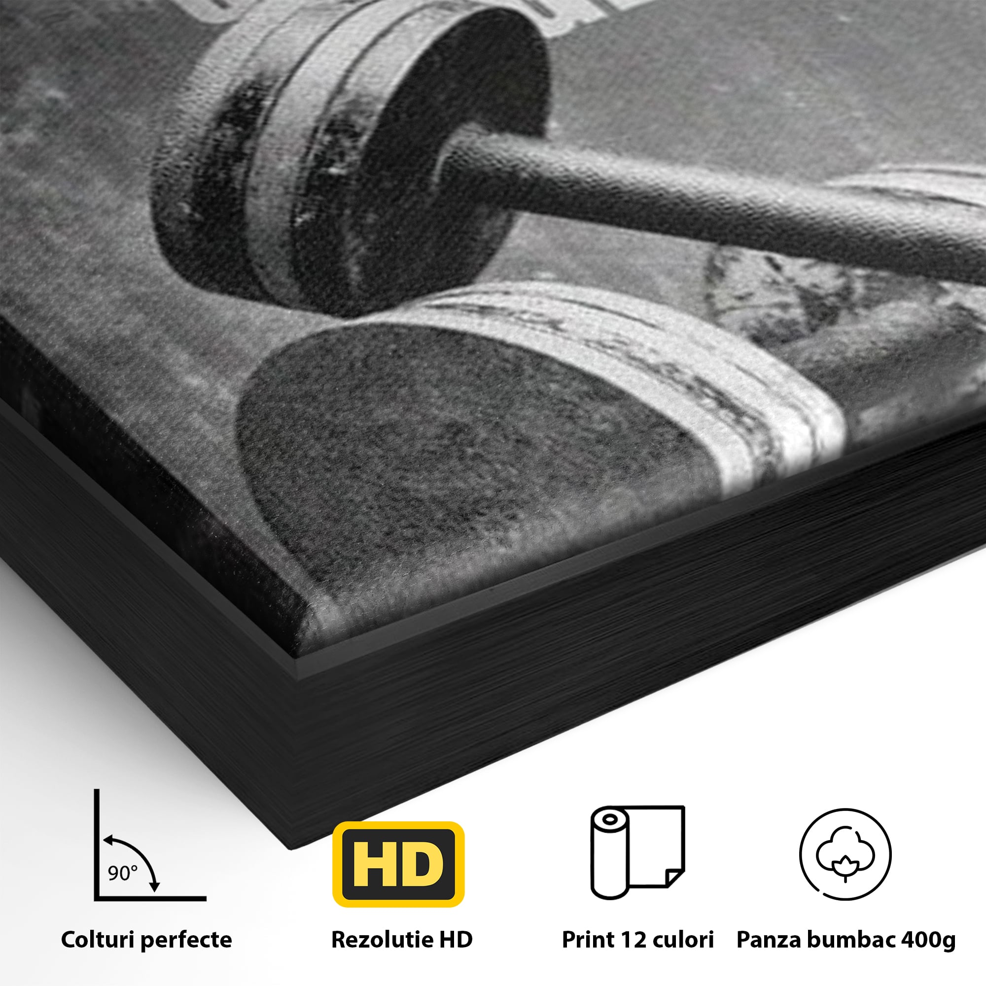 Detaliu al suprafetei: tablou motivational cu gantere si text, in rama de aluminiu negru