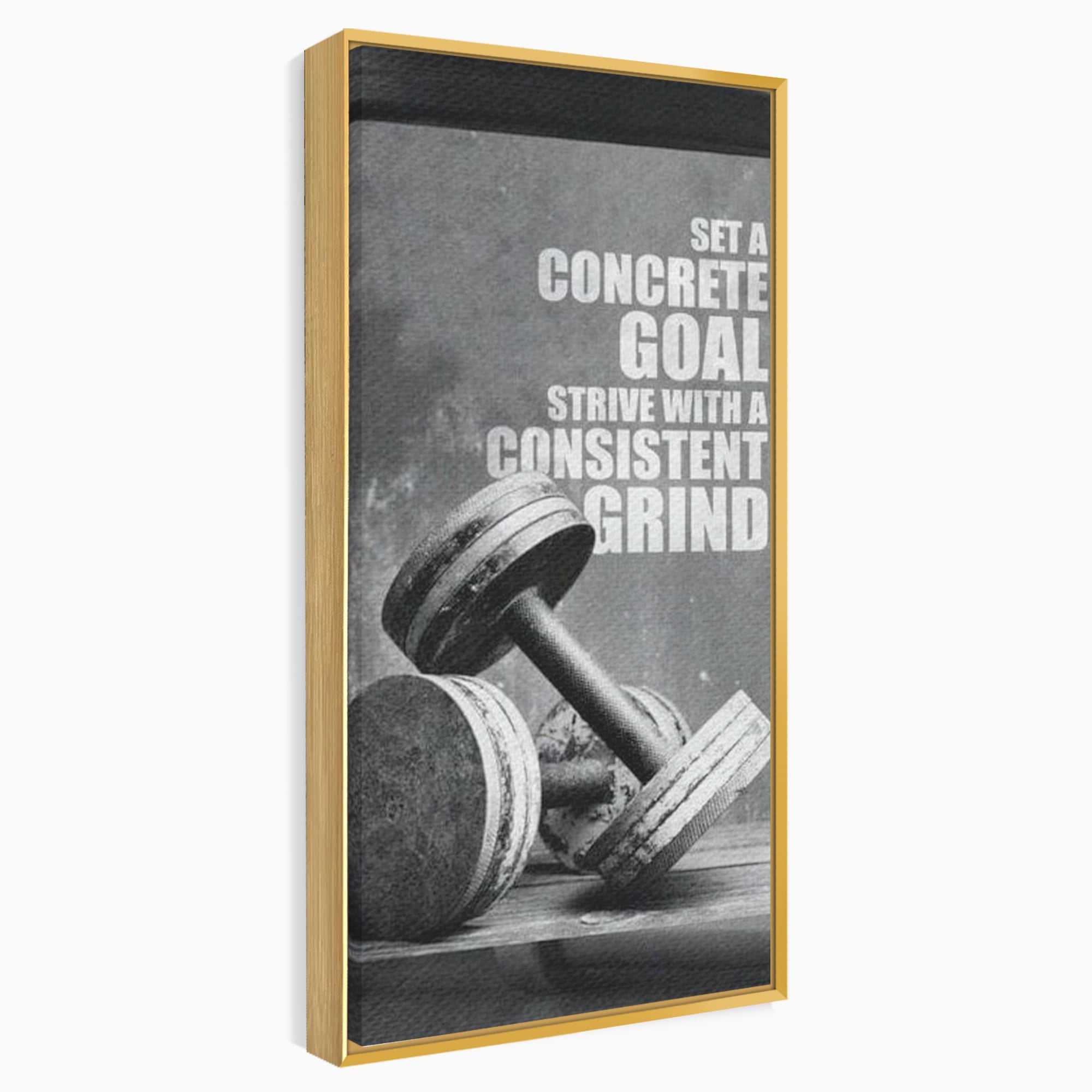 Tablou canvas cu tablou motivational cu gantere si text, in rama de aluminiu auriu