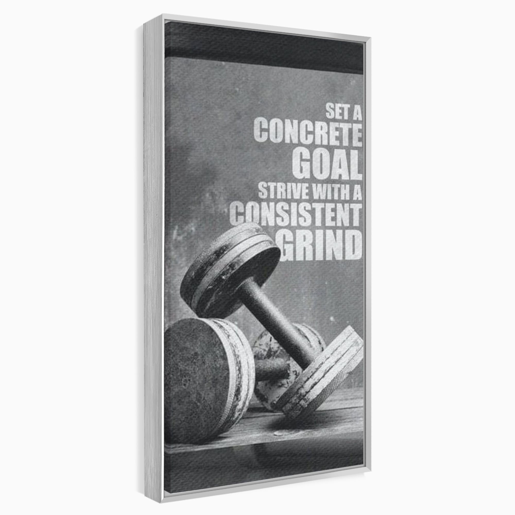 Tablou canvas cu tablou motivational cu gantere si text, in rama de aluminiu argintiu