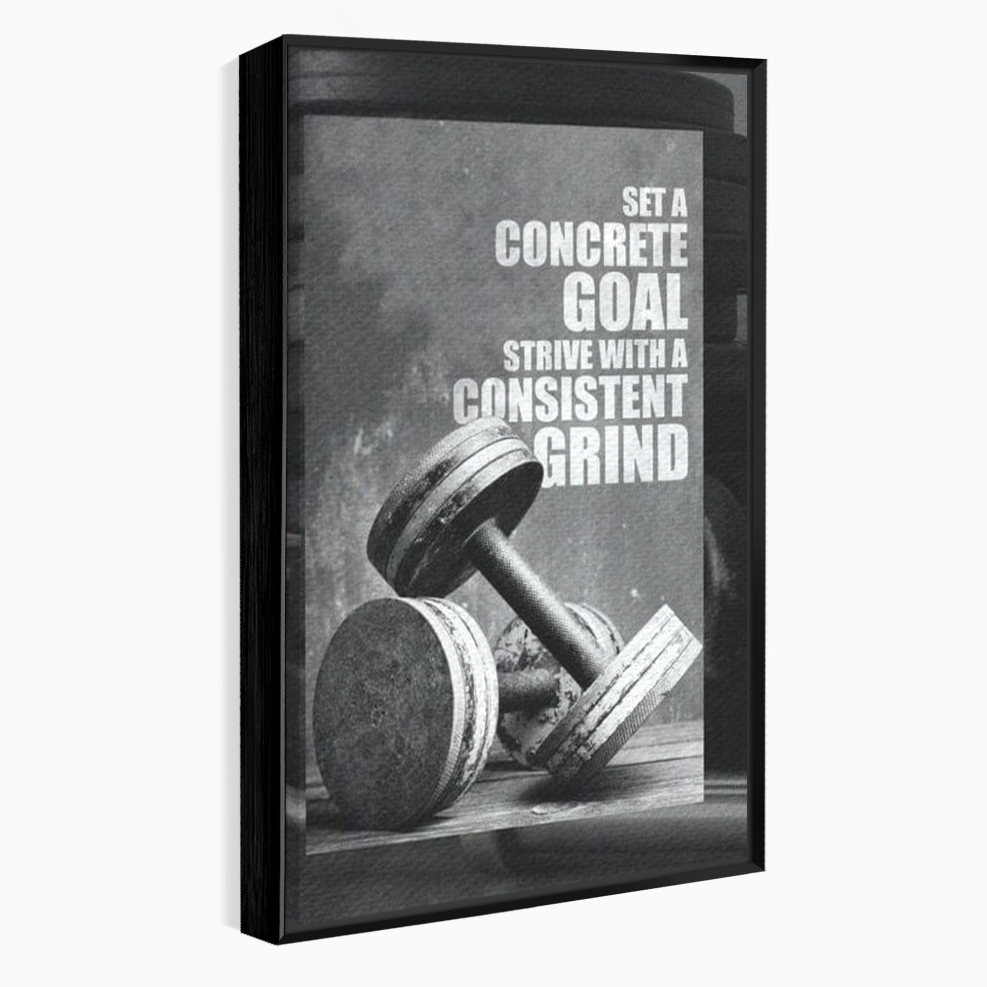 Tablou canvas cu tablou motivational cu gantere si text, in rama de aluminiu negru