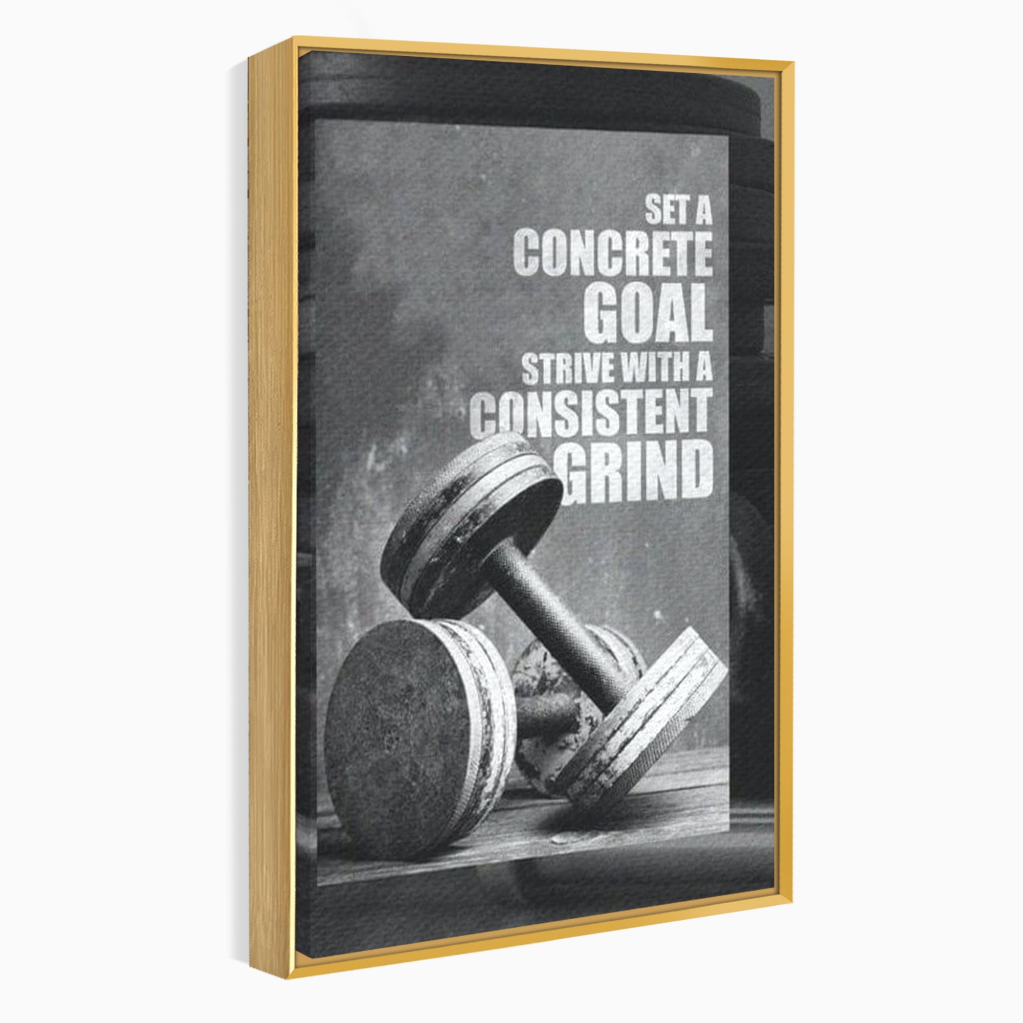 Tablou canvas cu tablou motivational cu gantere si text, in rama de aluminiu auriu