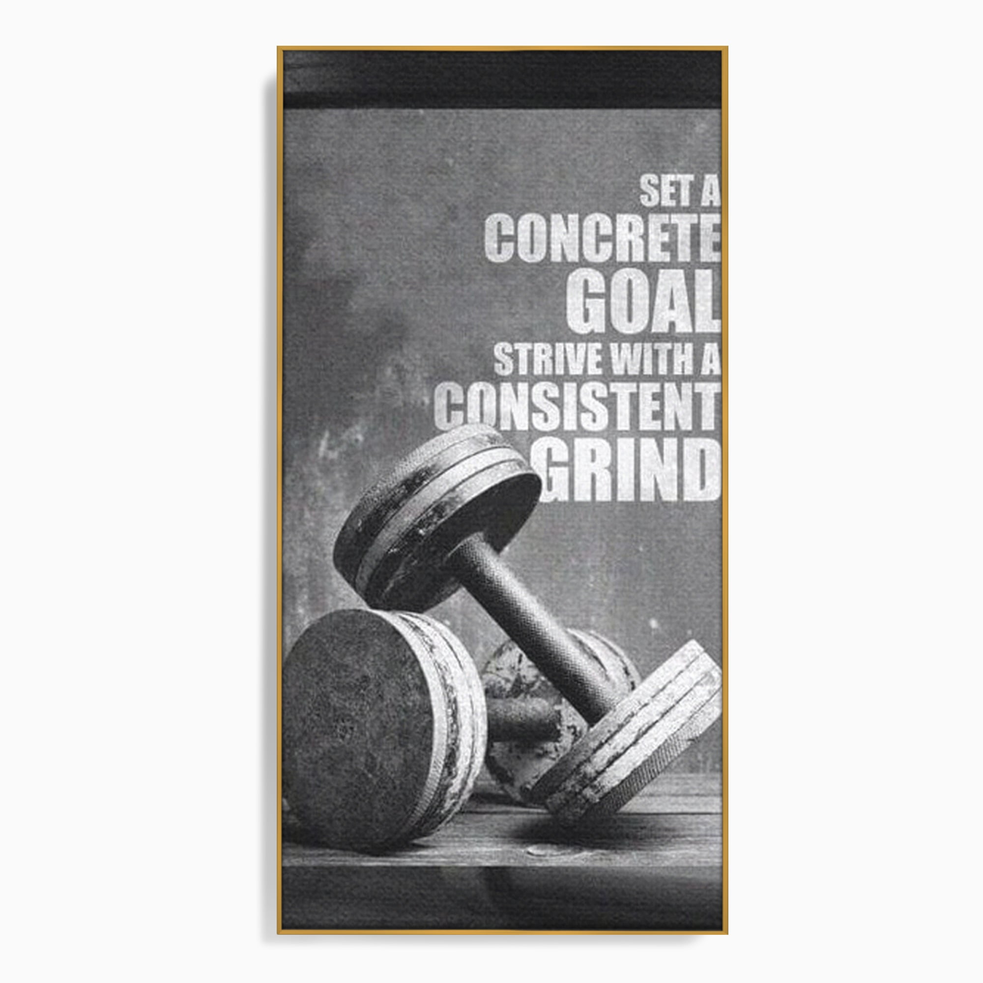 Tablou canvas cu tablou motivational cu gantere si text, in rama de aluminiu auriu