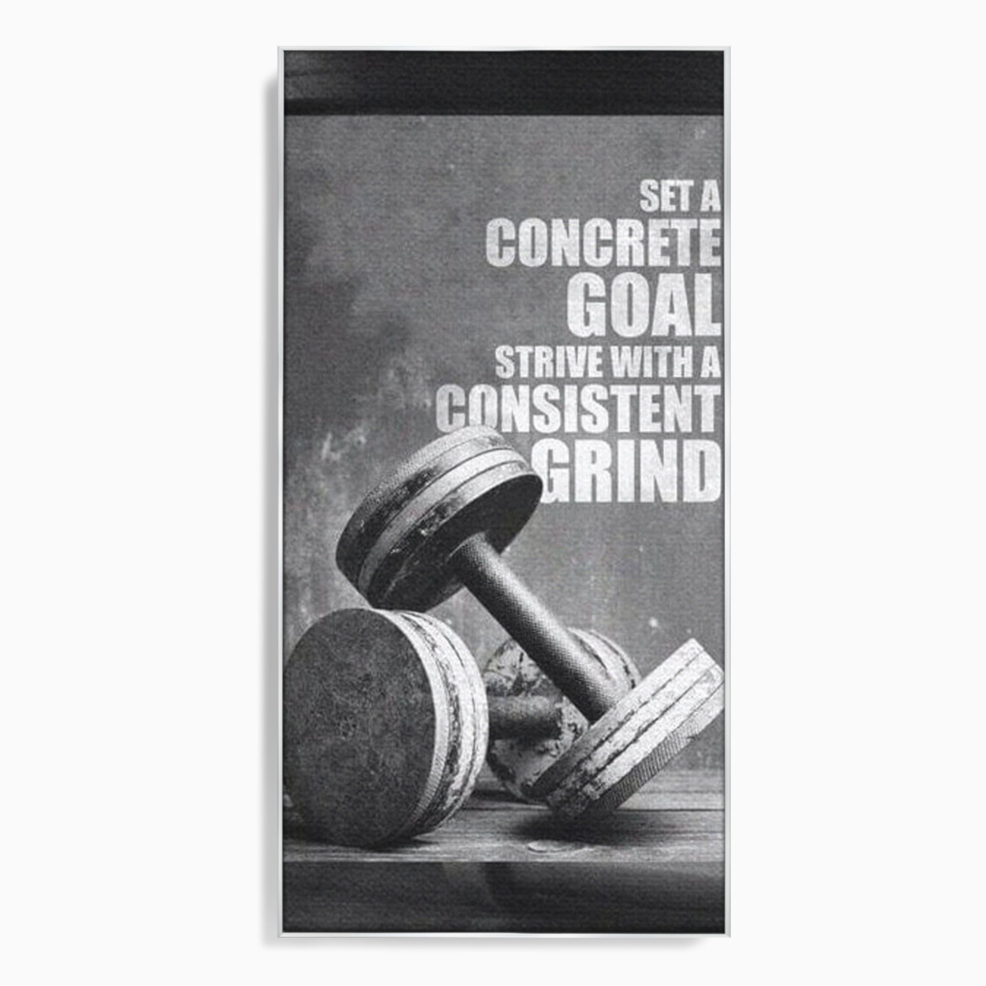 Tablou canvas cu tablou motivational cu gantere si text, in rama de aluminiu argintiu