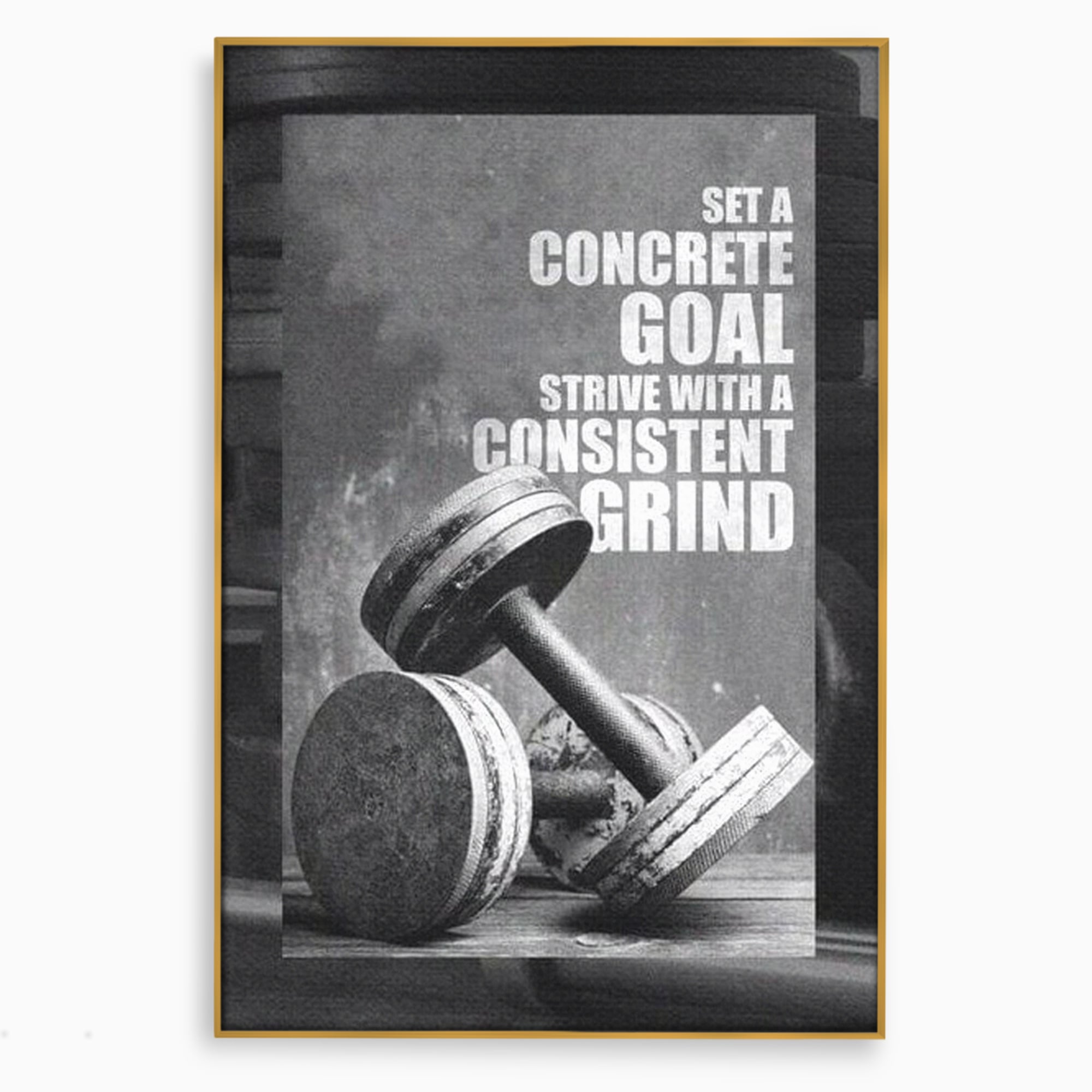 Tablou canvas cu tablou motivational cu gantere si text, in rama de aluminiu auriu