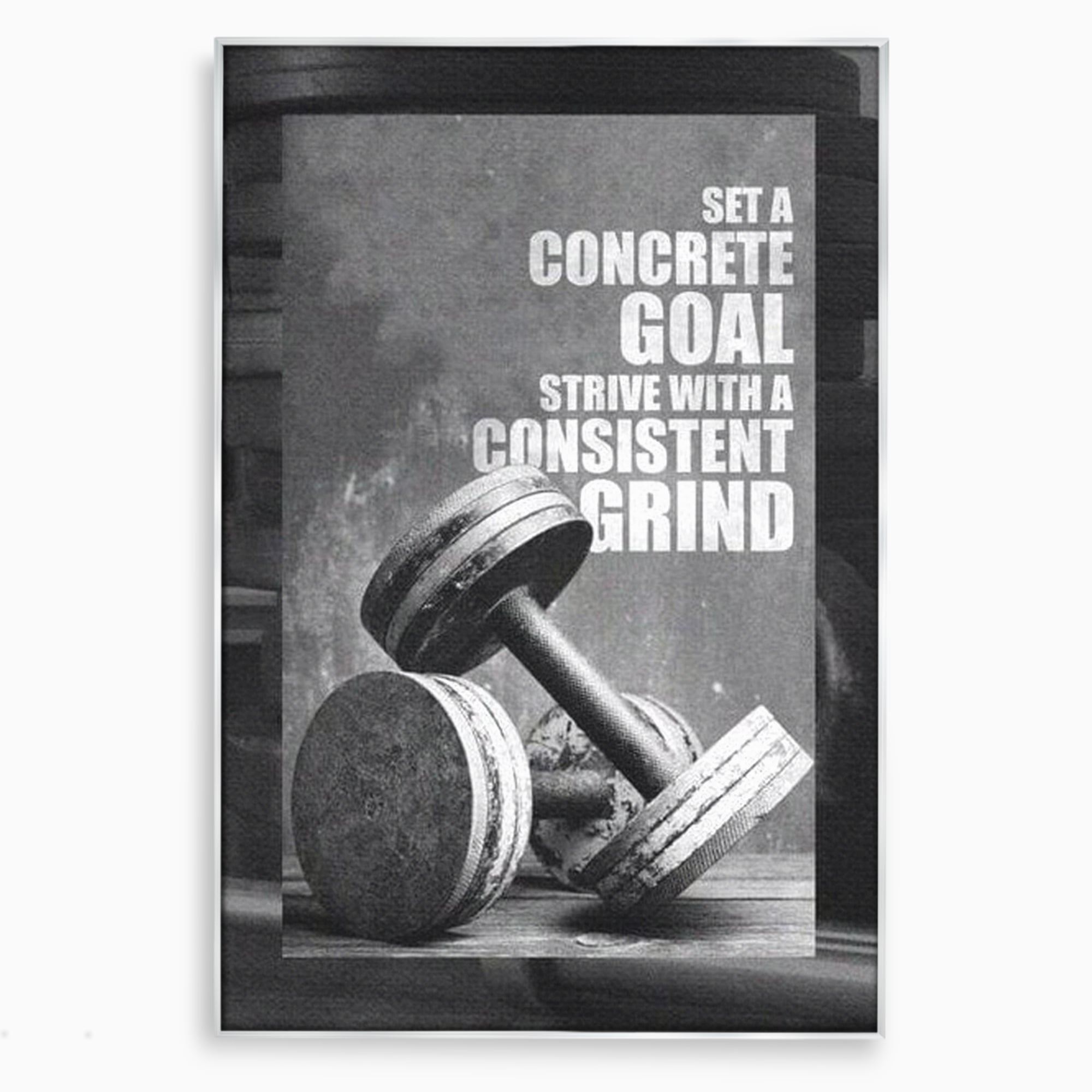Tablou canvas cu tablou motivational cu gantere si text, in rama de aluminiu argintiu
