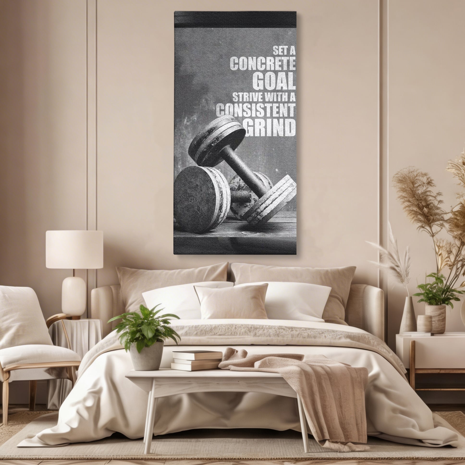 Tablou canvas cu tablou motivational cu gantere si text, fara rama, pe sasiu de lemn, pe perete intr-un dormitor